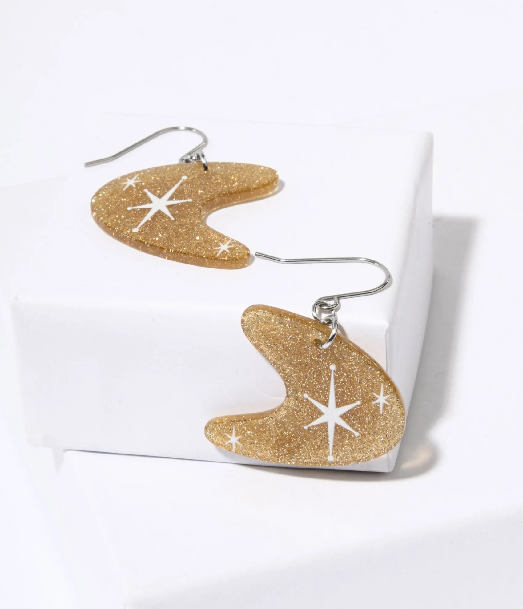 Unique Vintage Gold Glitter Atomic Boomerang Dangle Earrings Clearance