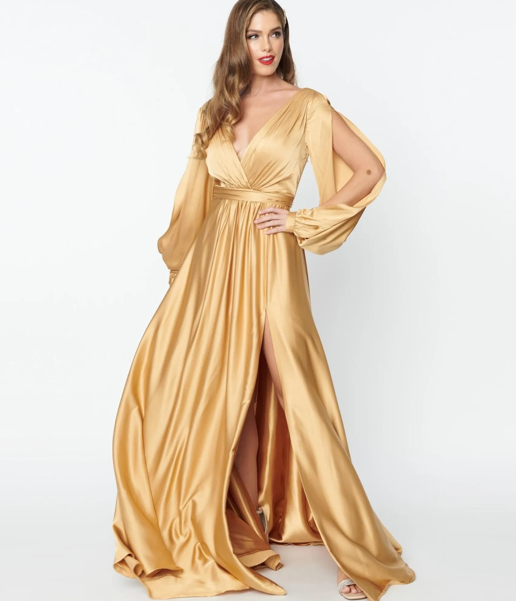 Unique Vintage Gold Satin Long Sleeve Goddess Gown Cheap