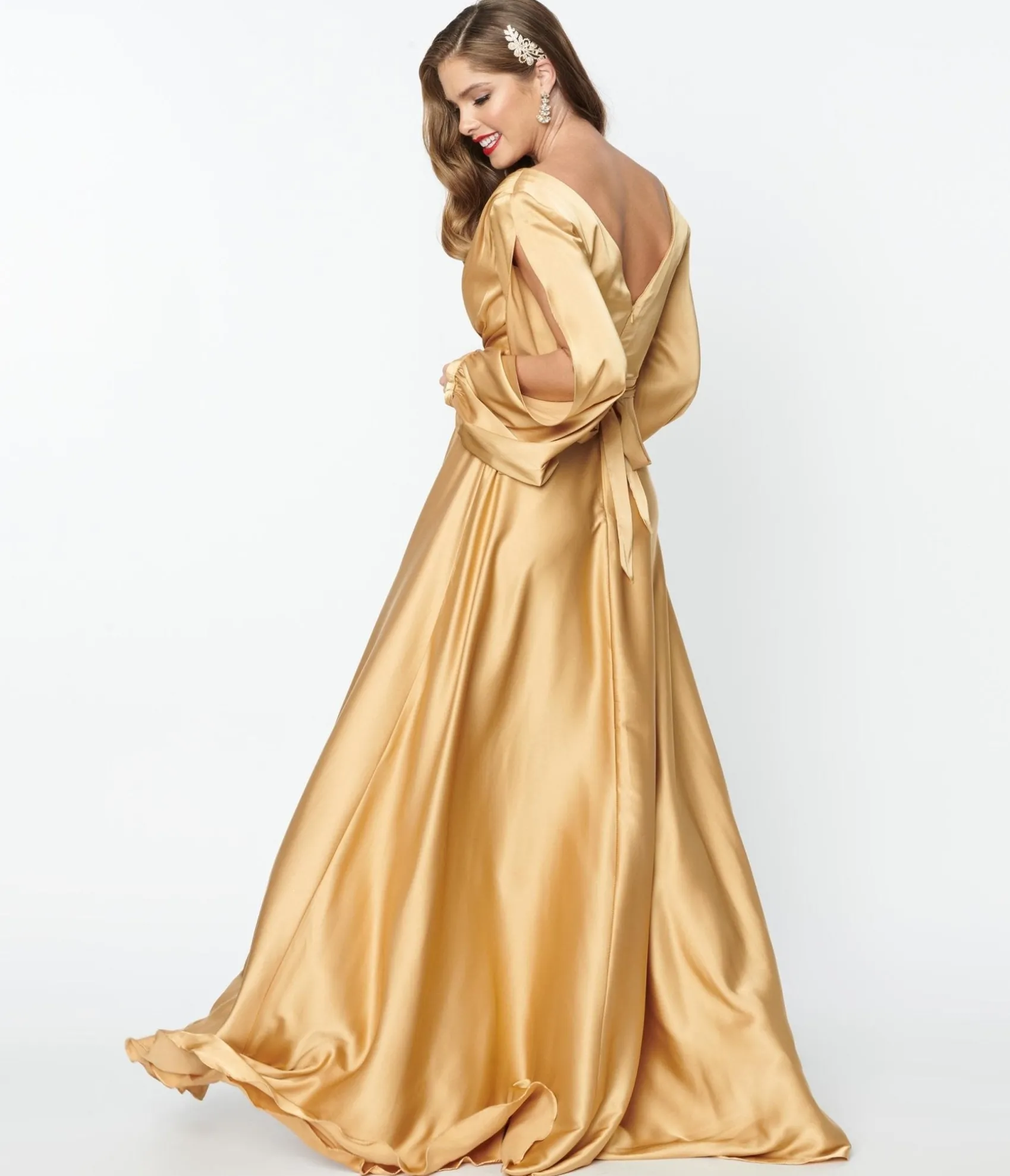 Unique Vintage Gold Satin Long Sleeve Goddess Gown Cheap