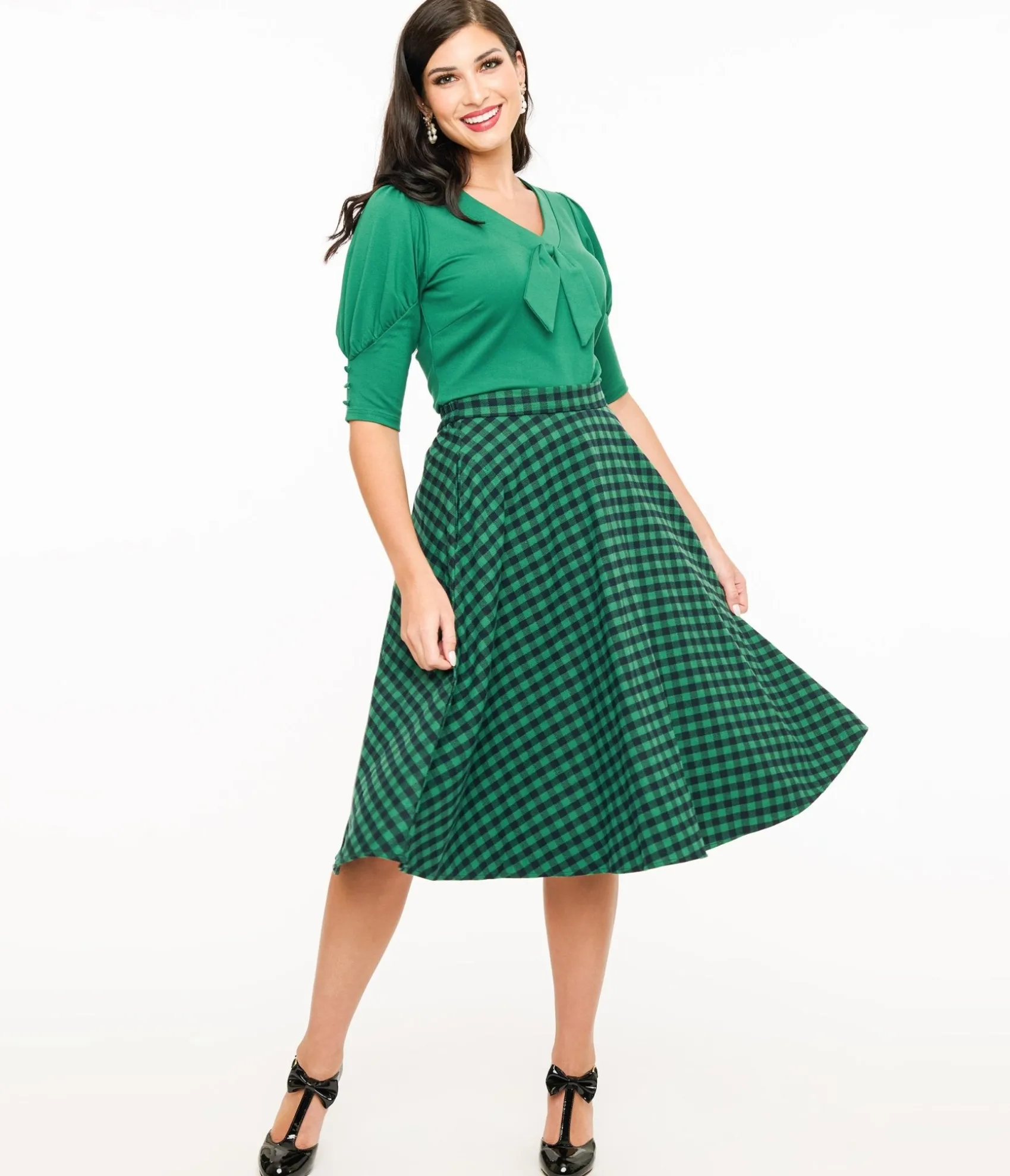 Unique Vintage Green & Black Plaid Midi Skirt Cheap