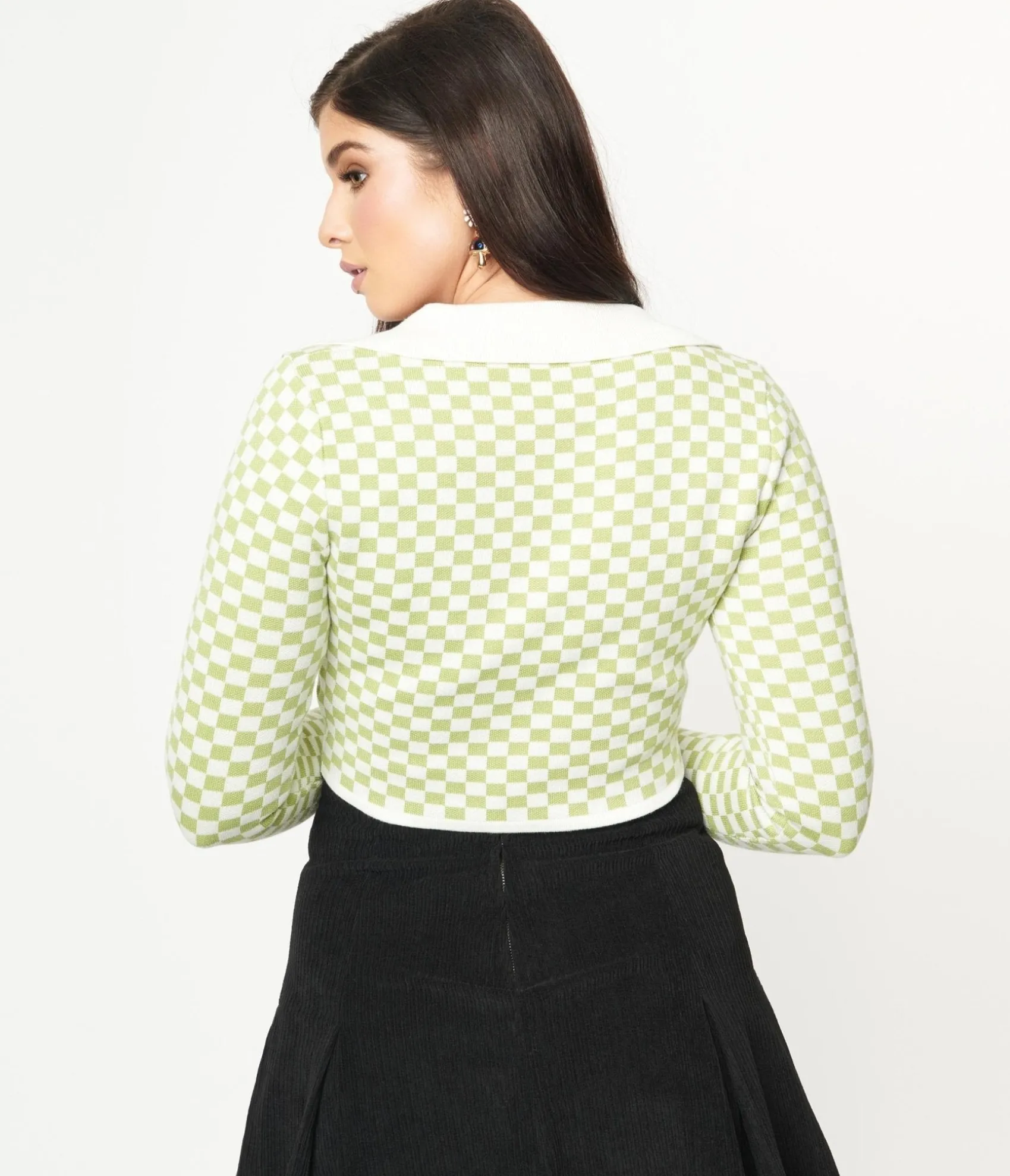 Unique Vintage Green & Ivory Check Crop Cardigan Discount