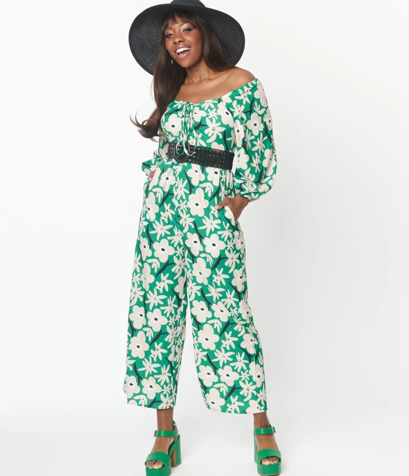 Unique Vintage Green & Ivory Floral Jumpsuit Outlet