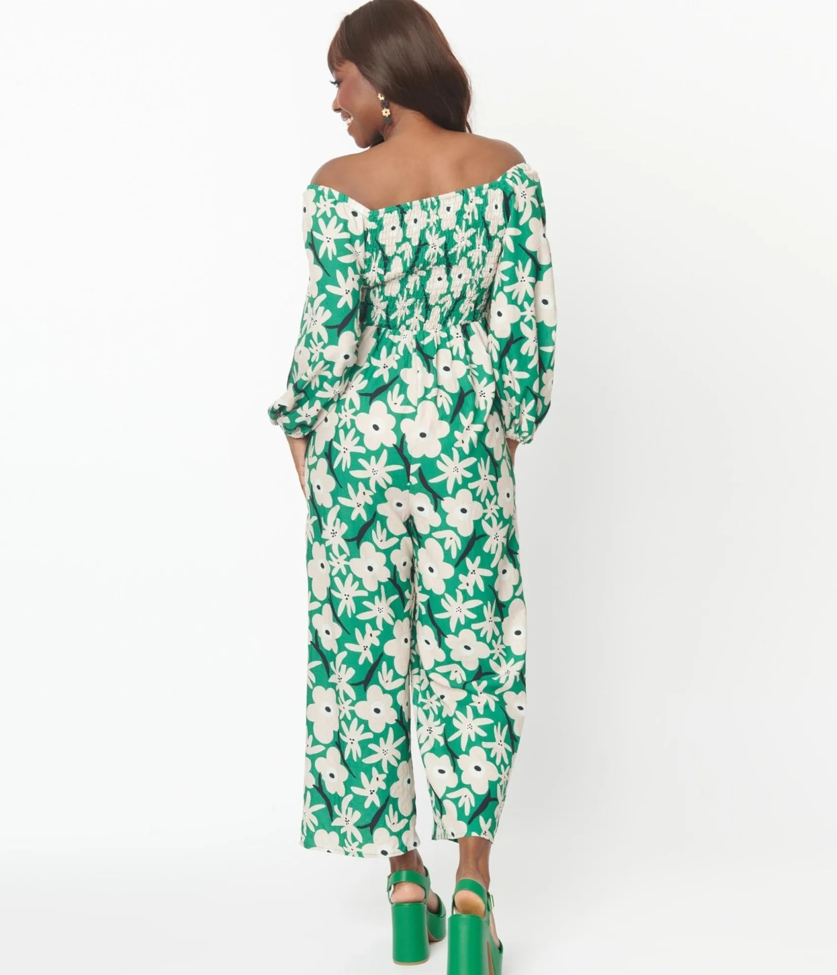 Unique Vintage Green & Ivory Floral Jumpsuit Outlet