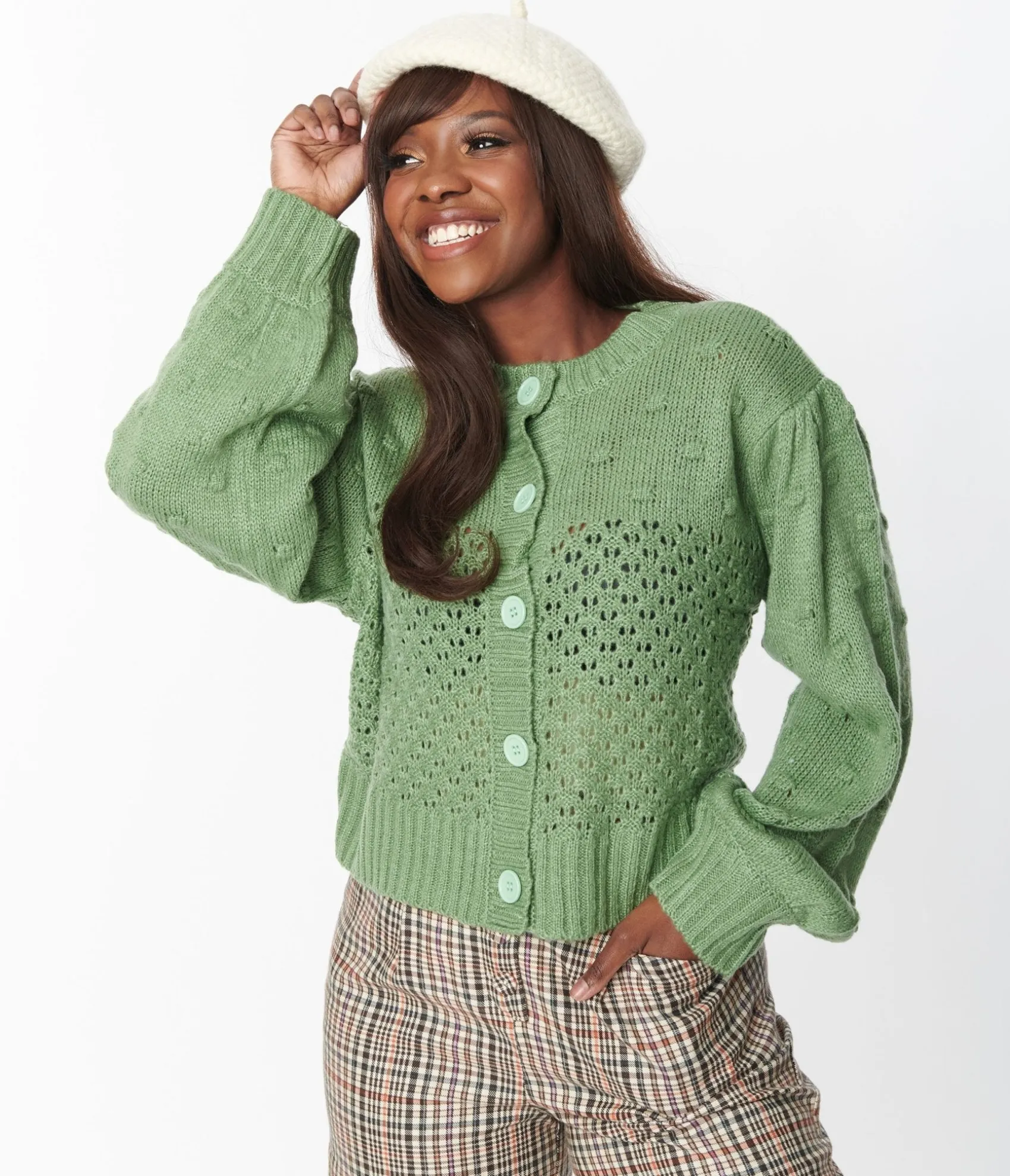 Unique Vintage Green Eyelet Pom Pom Puff Sleeve Cardigan Sale