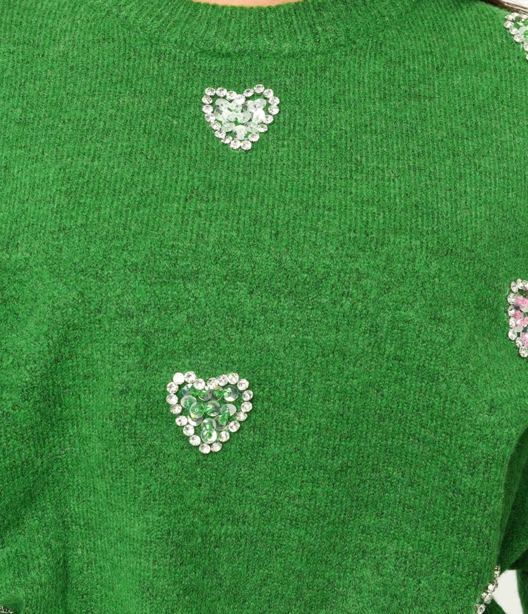 Unique Vintage Green Rhinestone Hearts Embellished Pullover Sweater Best