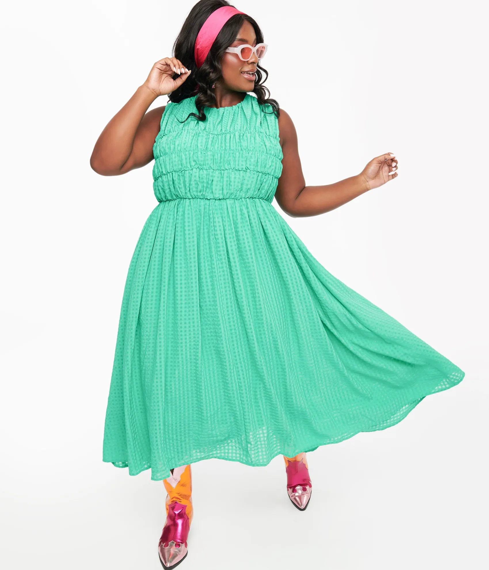 Unique Vintage Green Seersucker Midi Dress Flash Sale