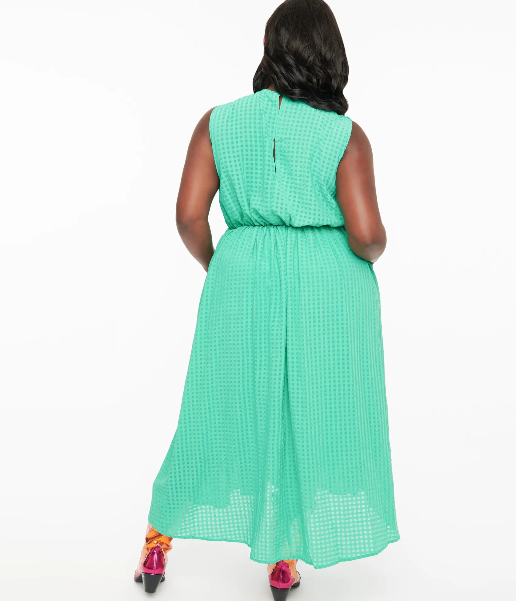 Unique Vintage Green Seersucker Midi Dress Flash Sale