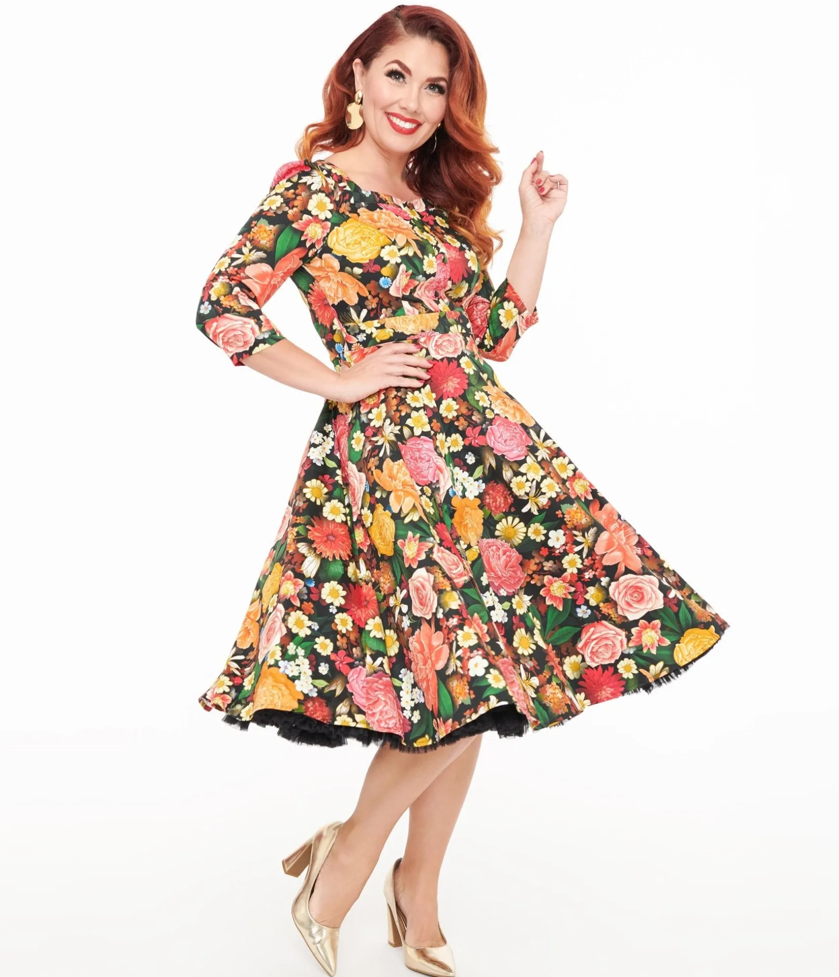 Unique Vintage Hearts & Roses Black Floral Cassidy Swing Dress Cheap