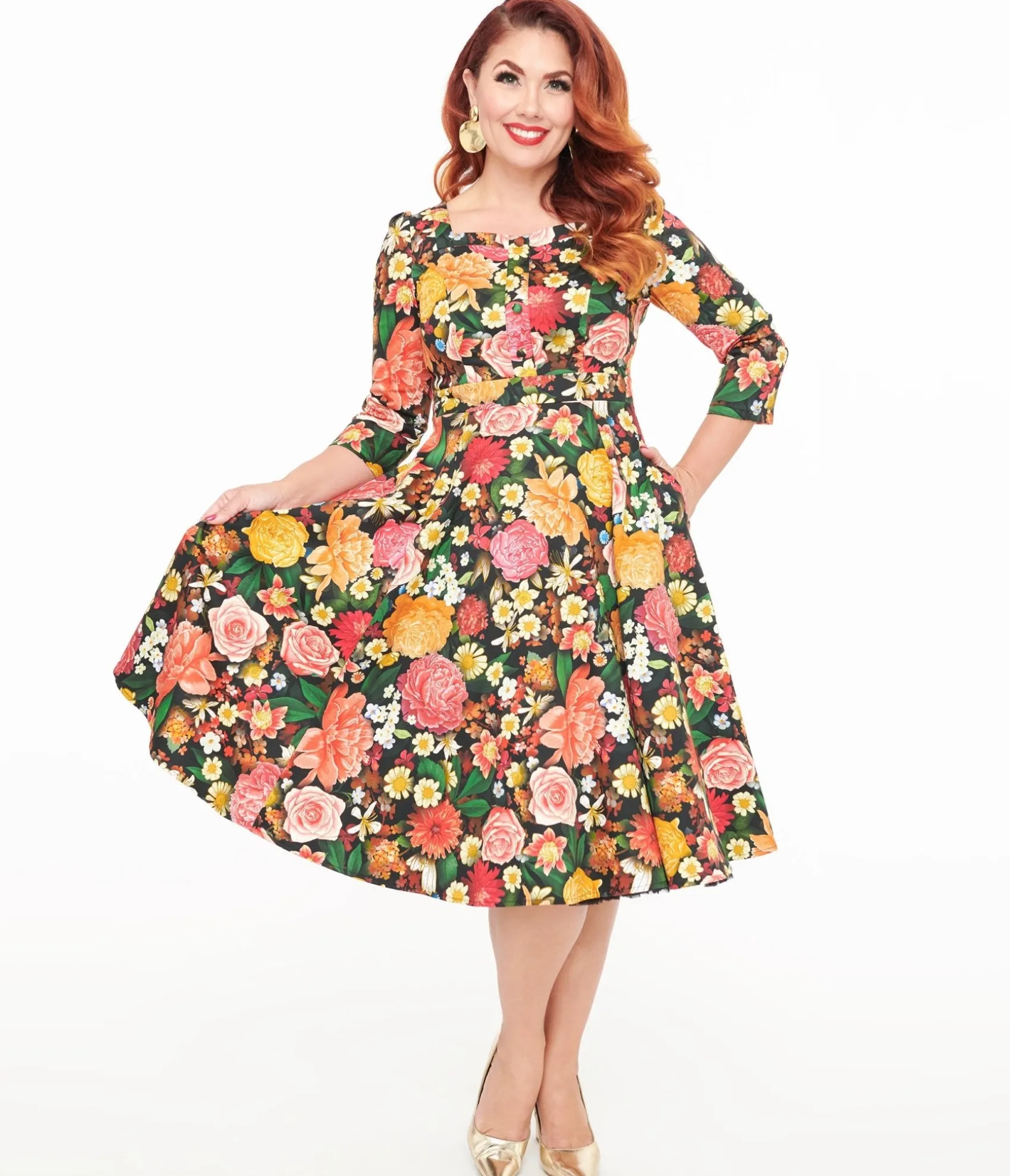 Unique Vintage Hearts & Roses Black Floral Cassidy Swing Dress Cheap