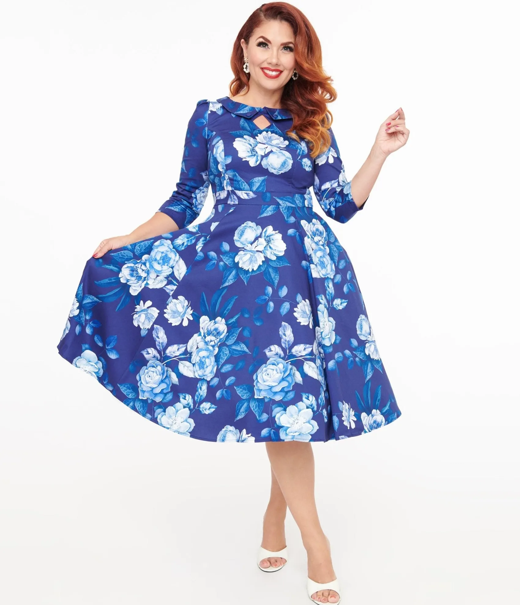 Unique Vintage Hearts & Roses Blue & White Floral Dafney Swing Dress Flash Sale