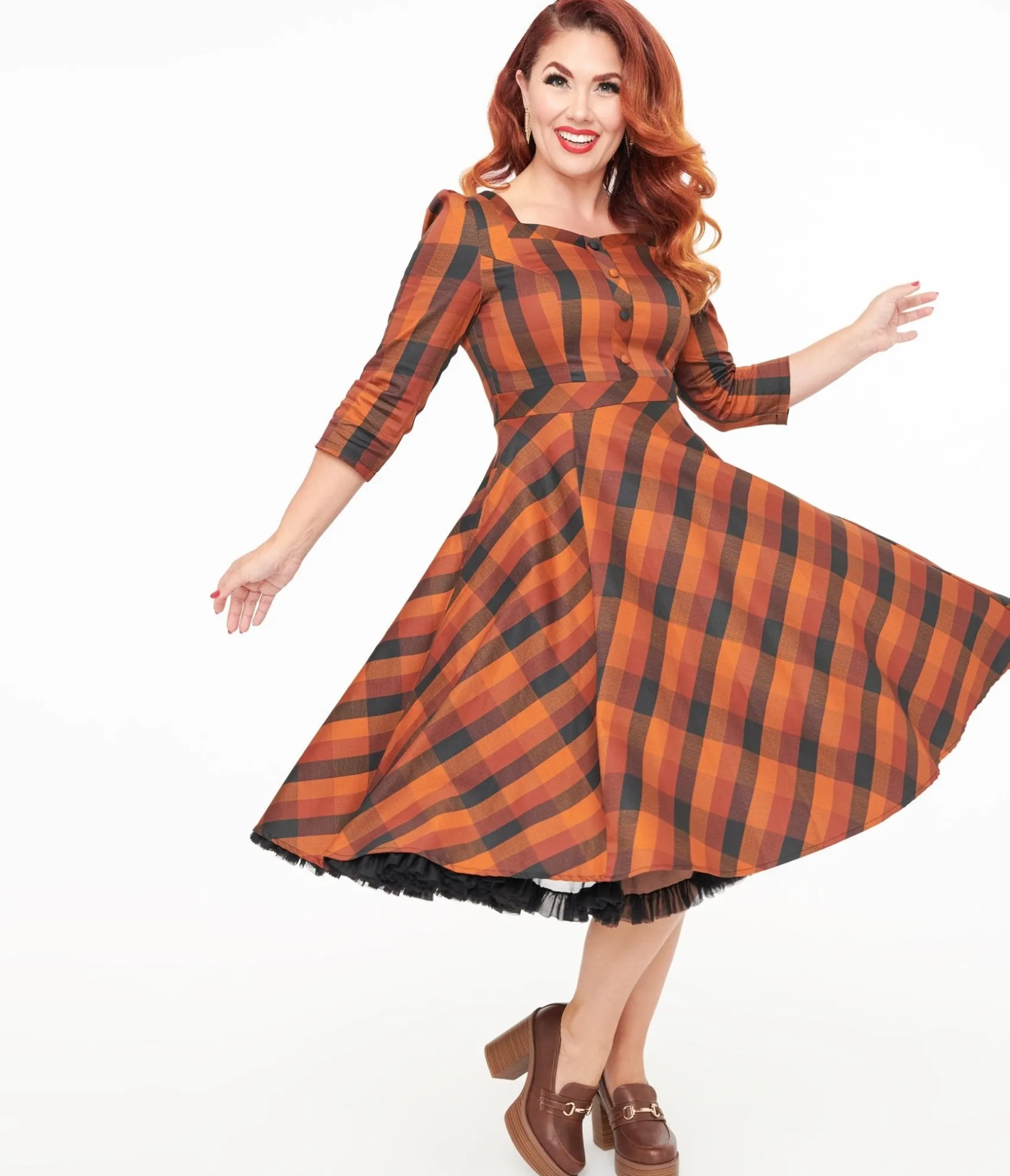 Unique Vintage Hearts & Roses Brown & Orange Check Caitlin Swing Dress Sale