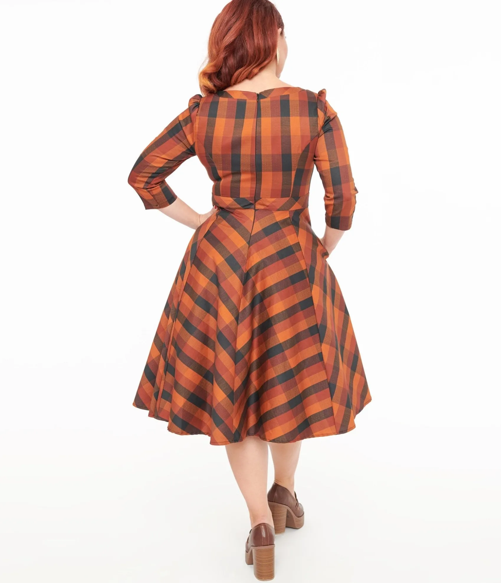 Unique Vintage Hearts & Roses Brown & Orange Check Caitlin Swing Dress Sale