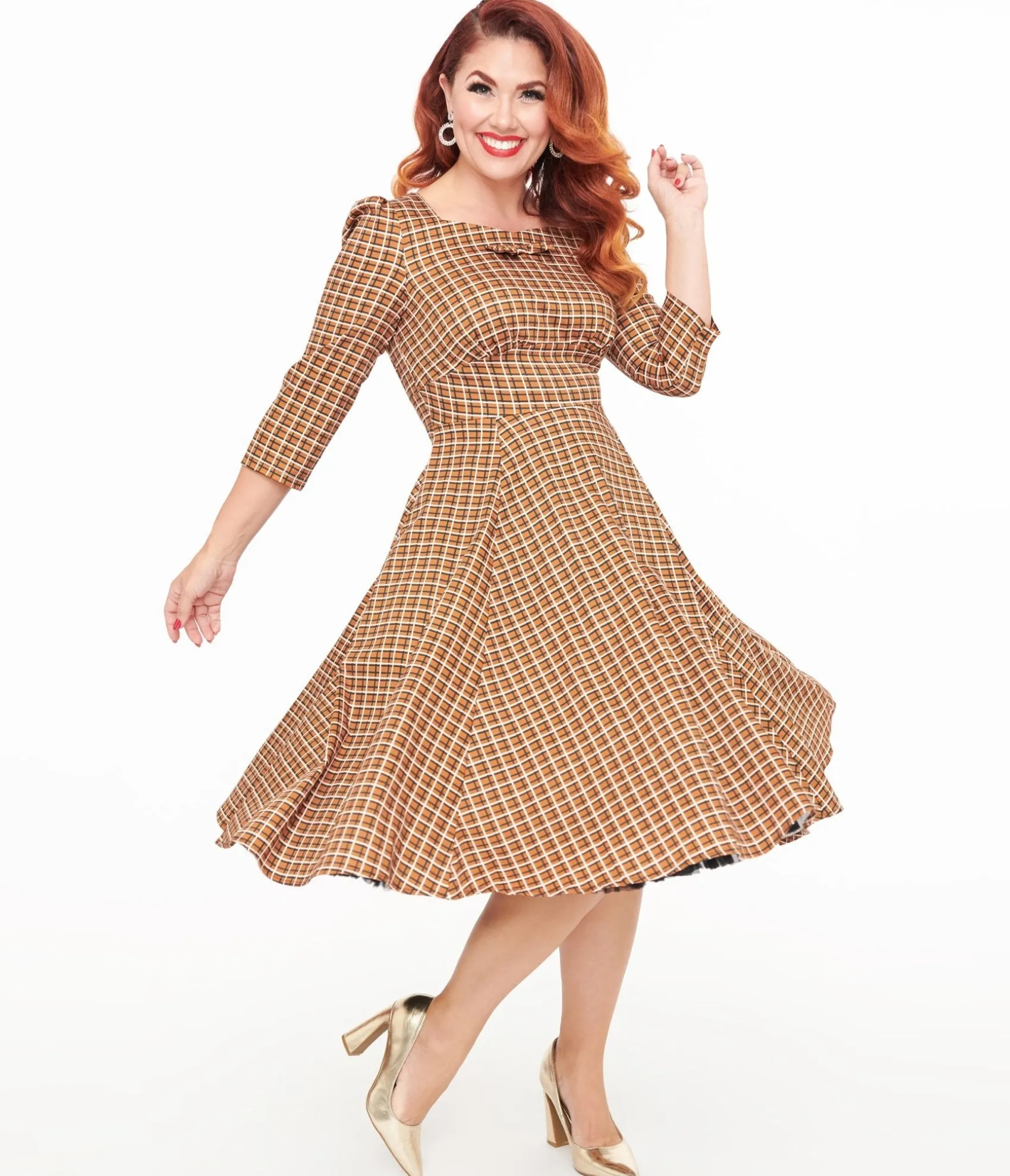 Unique Vintage Hearts & Roses Brown Check Daniella Swing Dress Cheap