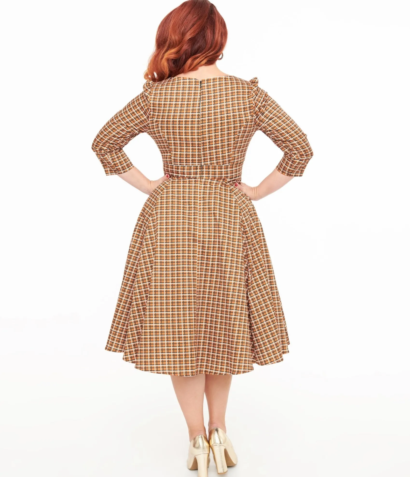 Unique Vintage Hearts & Roses Brown Check Daniella Swing Dress Cheap