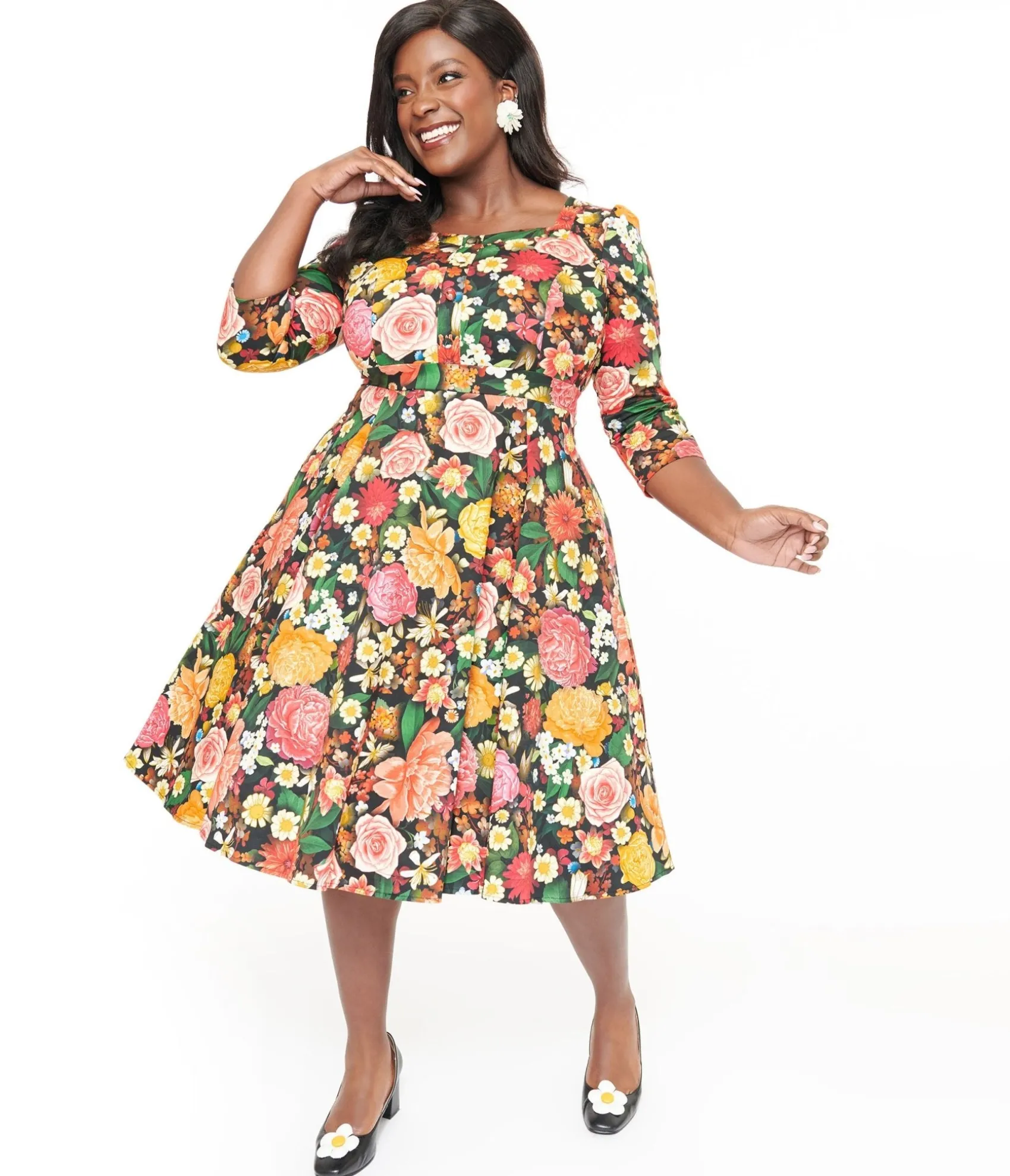 Unique Vintage Hearts & Roses Plus Size Black Floral Cassidy Swing Dress Sale