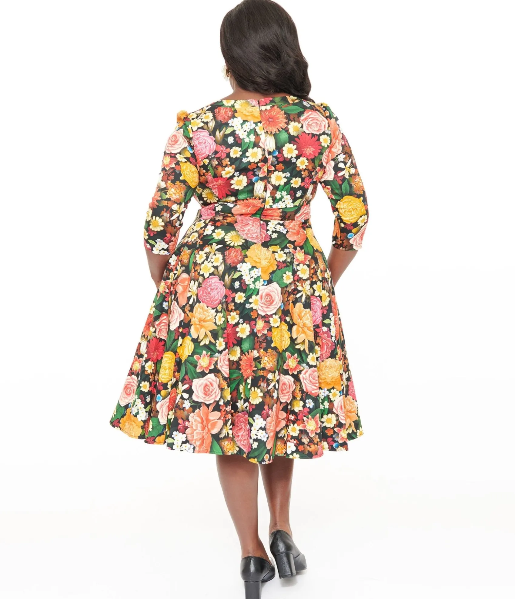 Unique Vintage Hearts & Roses Plus Size Black Floral Cassidy Swing Dress Sale