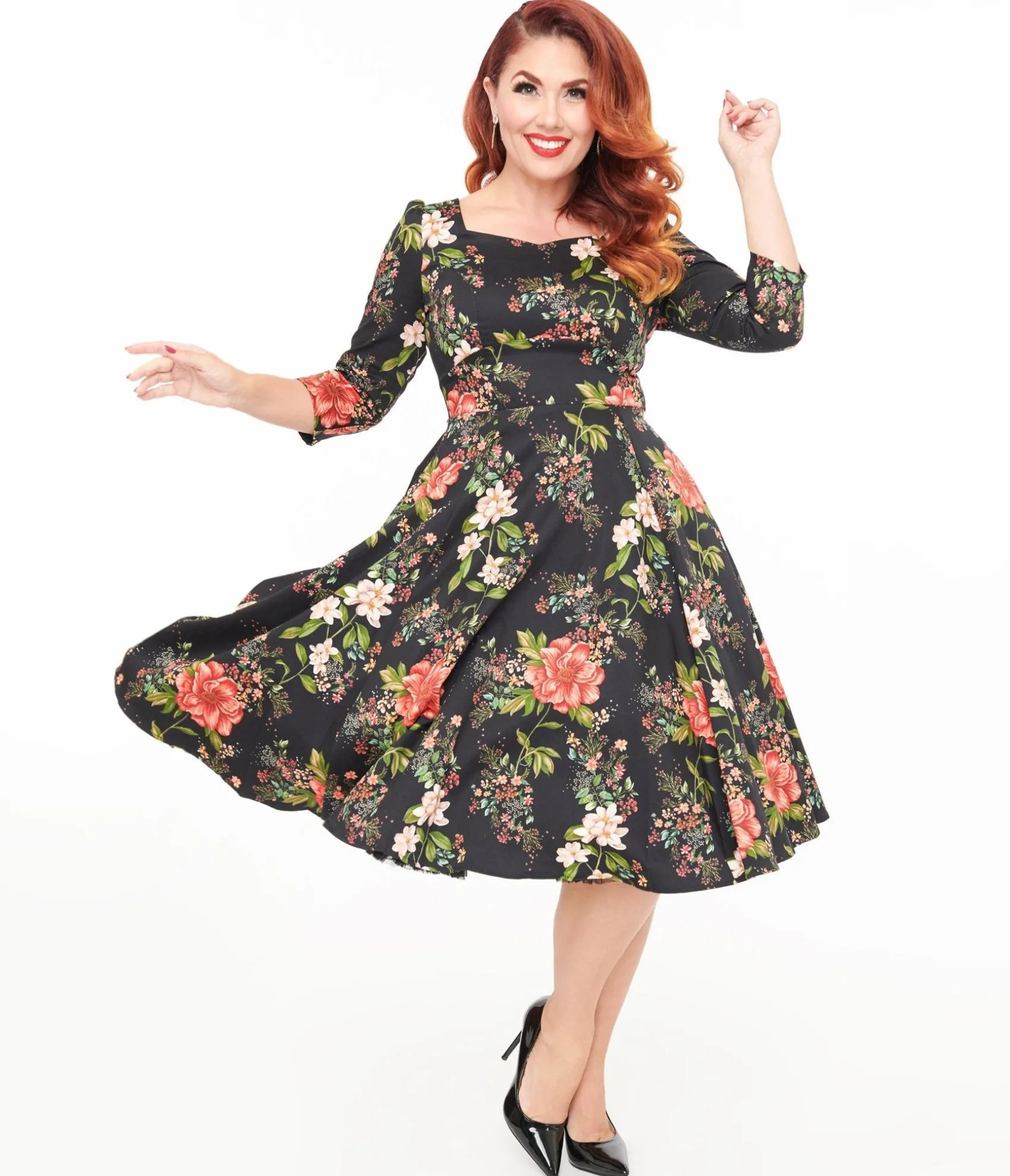 Unique Vintage Hearts & Roses Winter Floral Isla Swing Dress Online