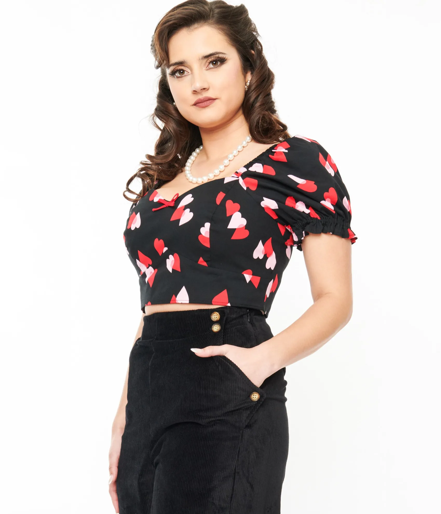 Unique Vintage Hell Bunny Black & Red Hearts Crop Top Cheap