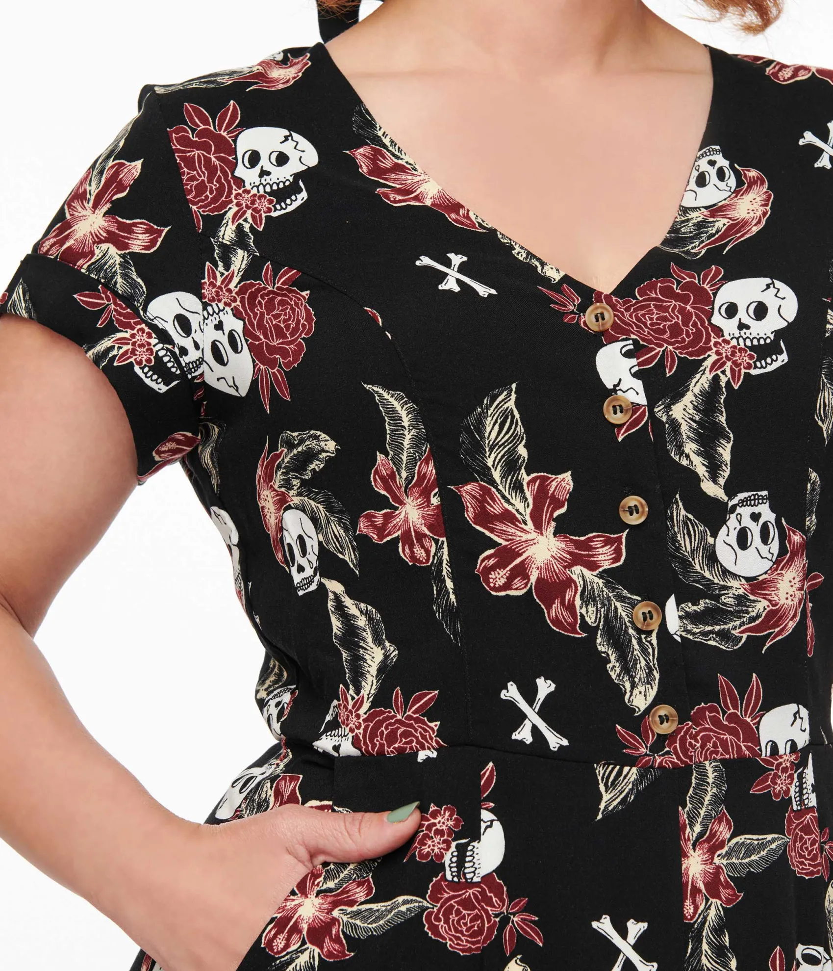 Unique Vintage Hell Bunny Black Skull & Bone Print Alani Jumpsuit Clearance