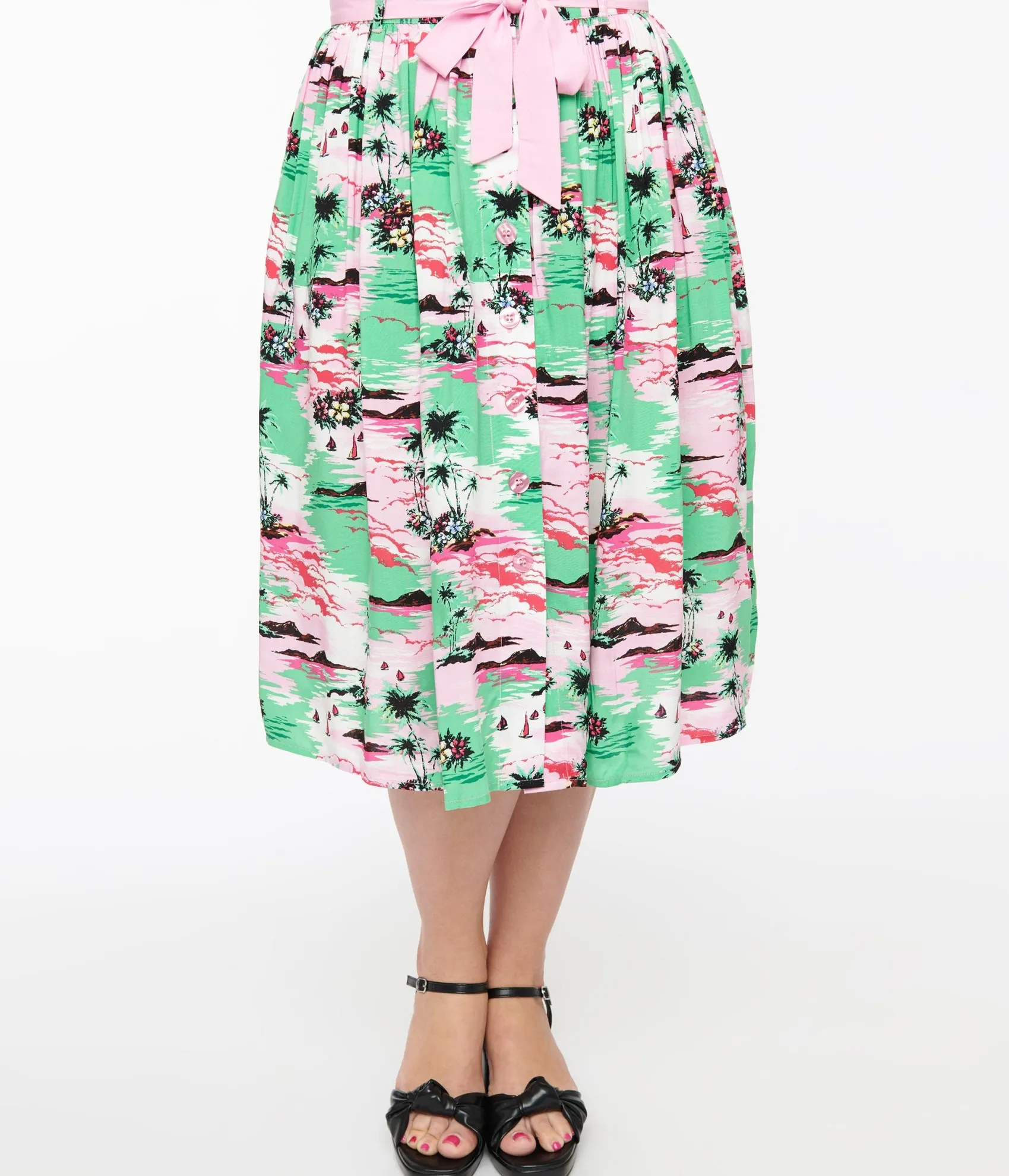 Unique Vintage Hell Bunny Pink & Green Tropical Print Midi Skirt Cheap