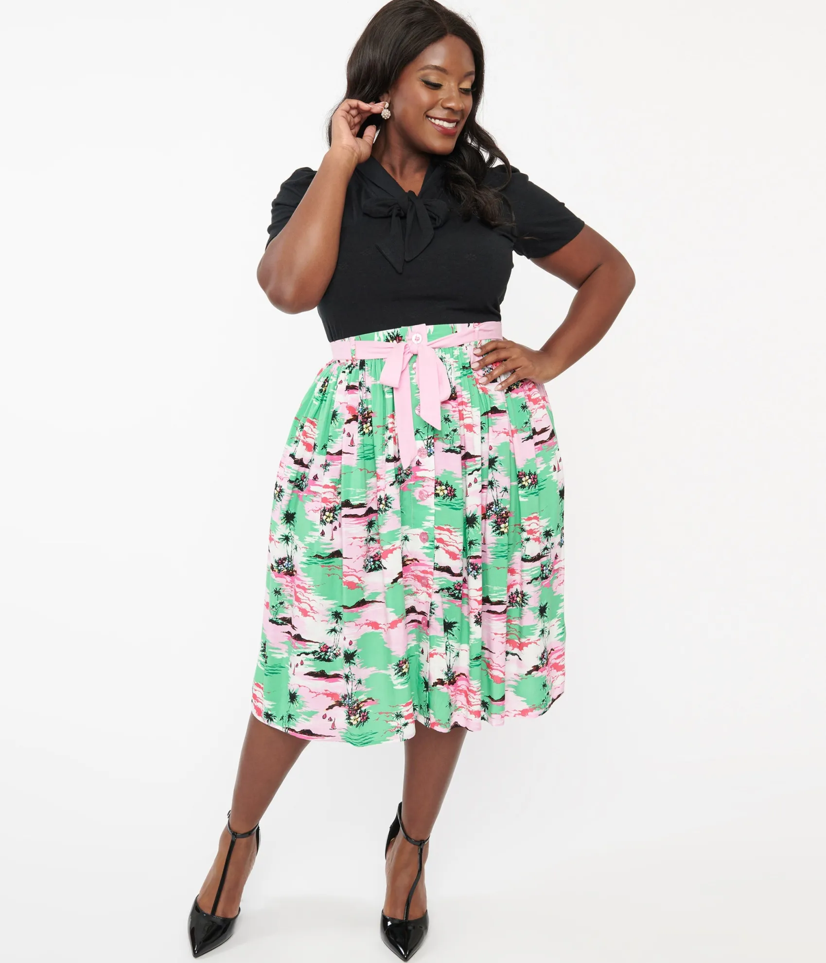 Unique Vintage Hell Bunny Plus Size Pink & Green Tropical Print Midi Skirt Outlet