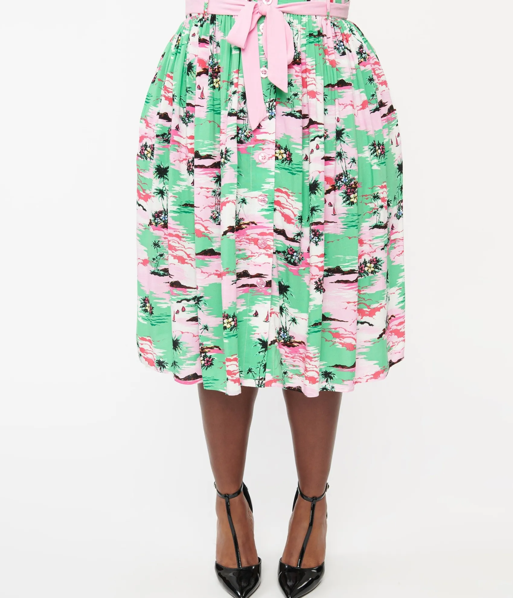 Unique Vintage Hell Bunny Plus Size Pink & Green Tropical Print Midi Skirt Outlet