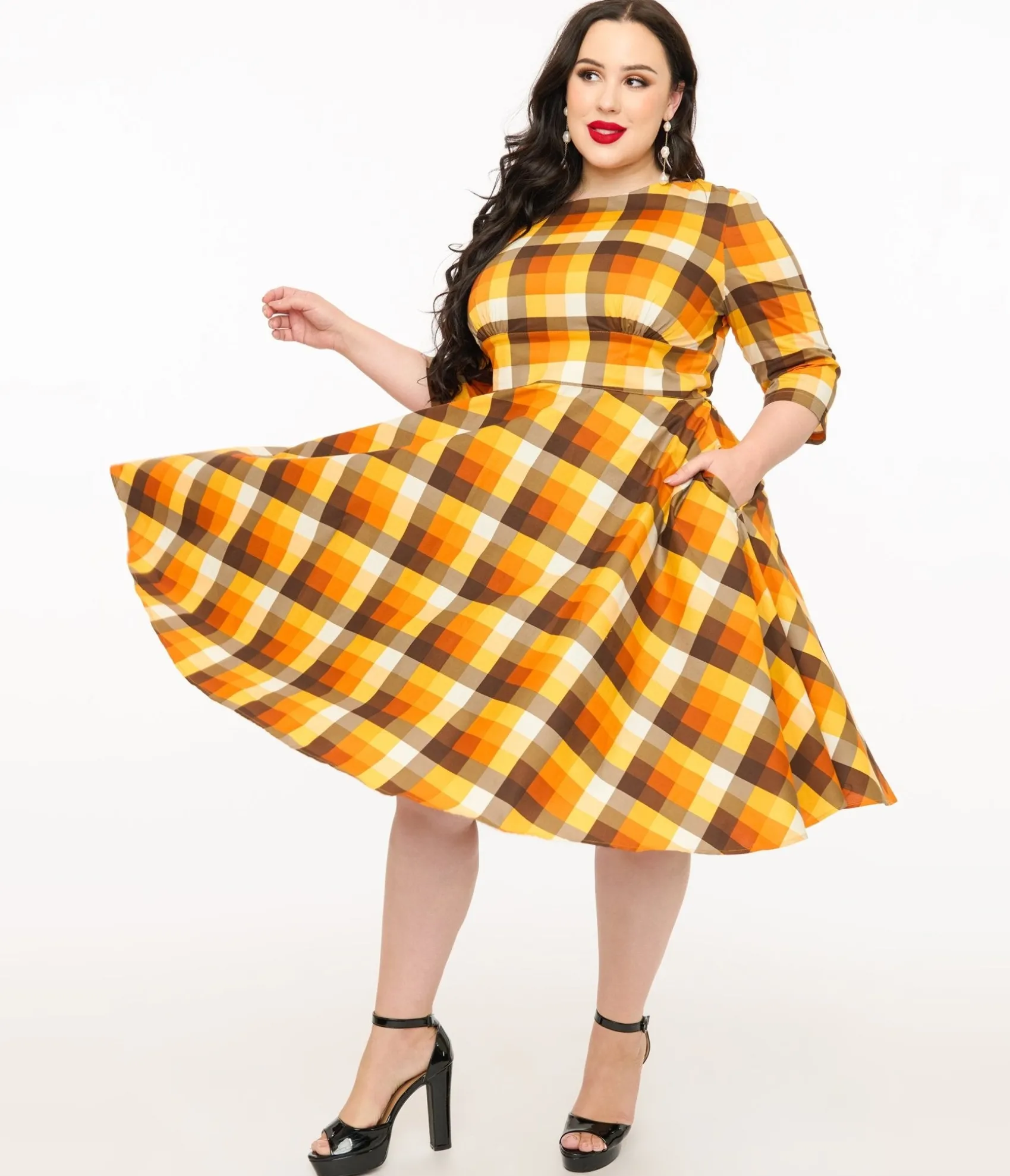 Unique Vintage Hell Bunny Plus Size 1950s Autumn Check Cotton Darlene Swing Dress Cheap