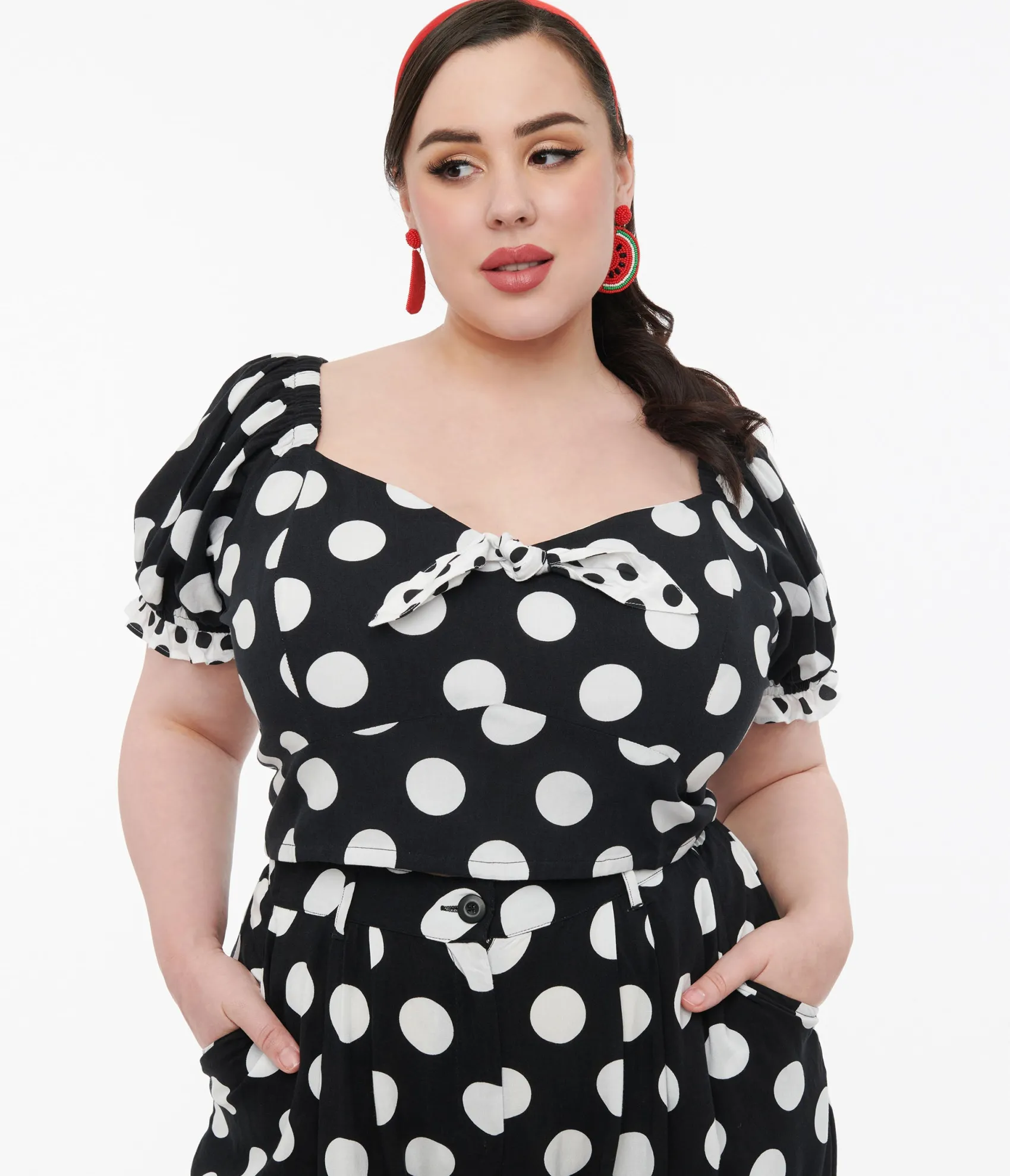 Unique Vintage Hell Bunny Plus Size 1960s Black & White Polka Dot Dolores Crop Top Store