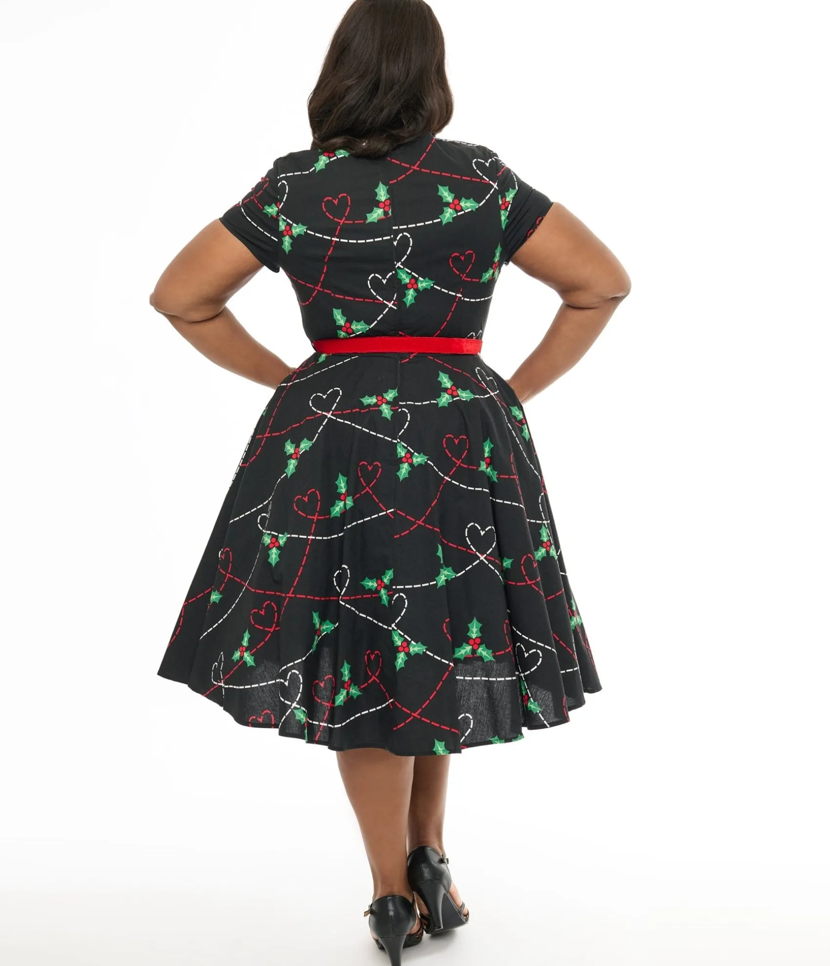 Unique Vintage Hell Bunny Plus Size 1950s Festive Hearts & Holly Print Angelica Swing Dress Best Sale