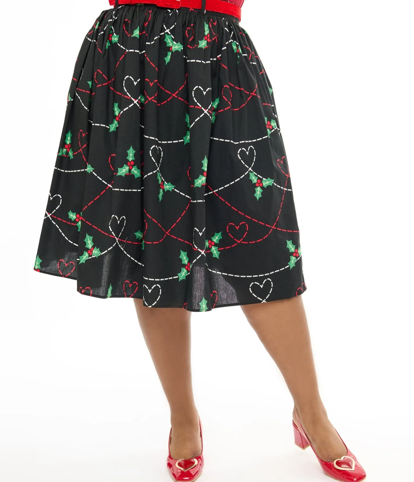 Unique Vintage Hell Bunny Plus Size 1950s Festive Hearts & Holly Print Angelica Swing Skirt Outlet