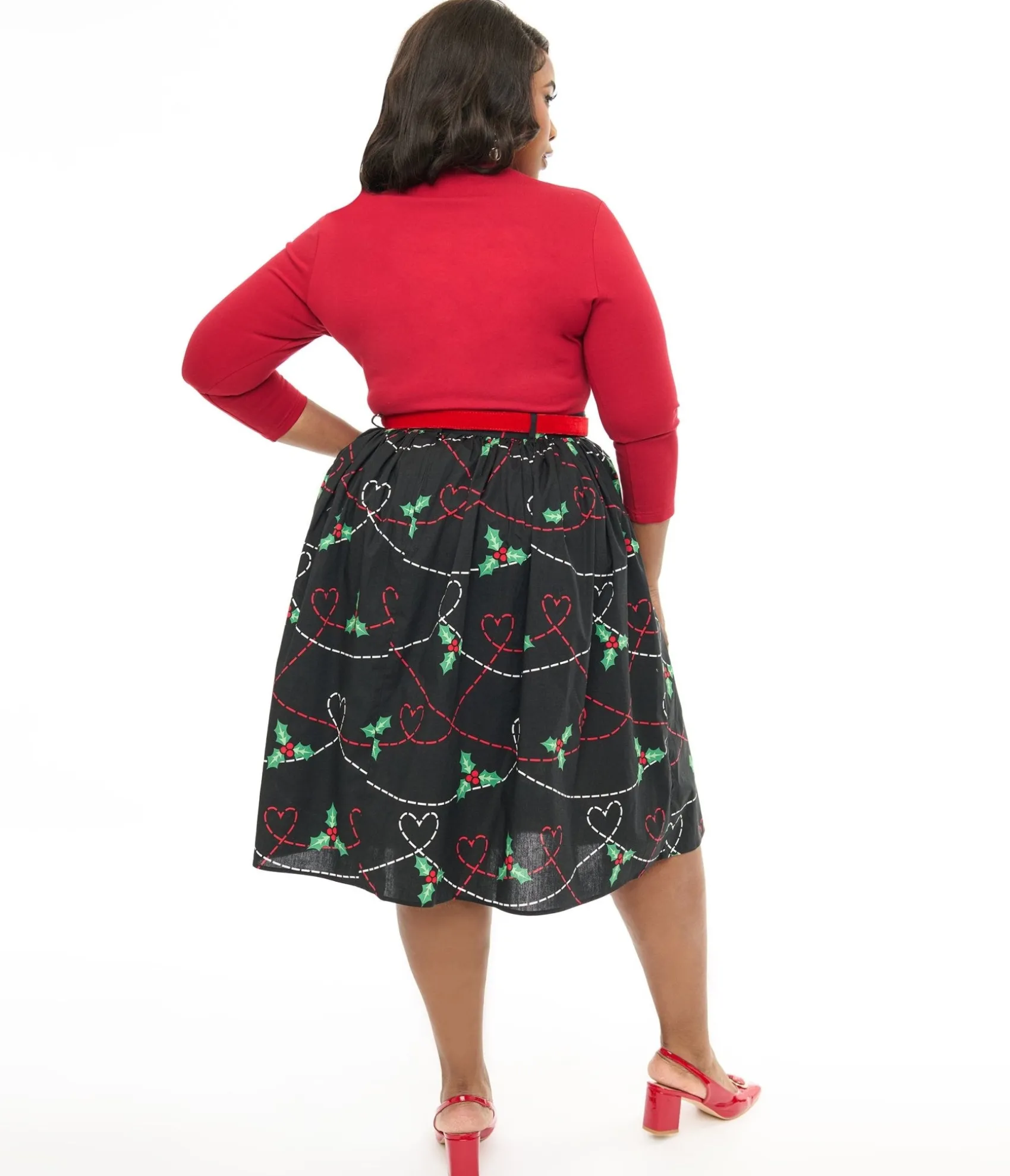 Unique Vintage Hell Bunny Plus Size 1950s Festive Hearts & Holly Print Angelica Swing Skirt Outlet