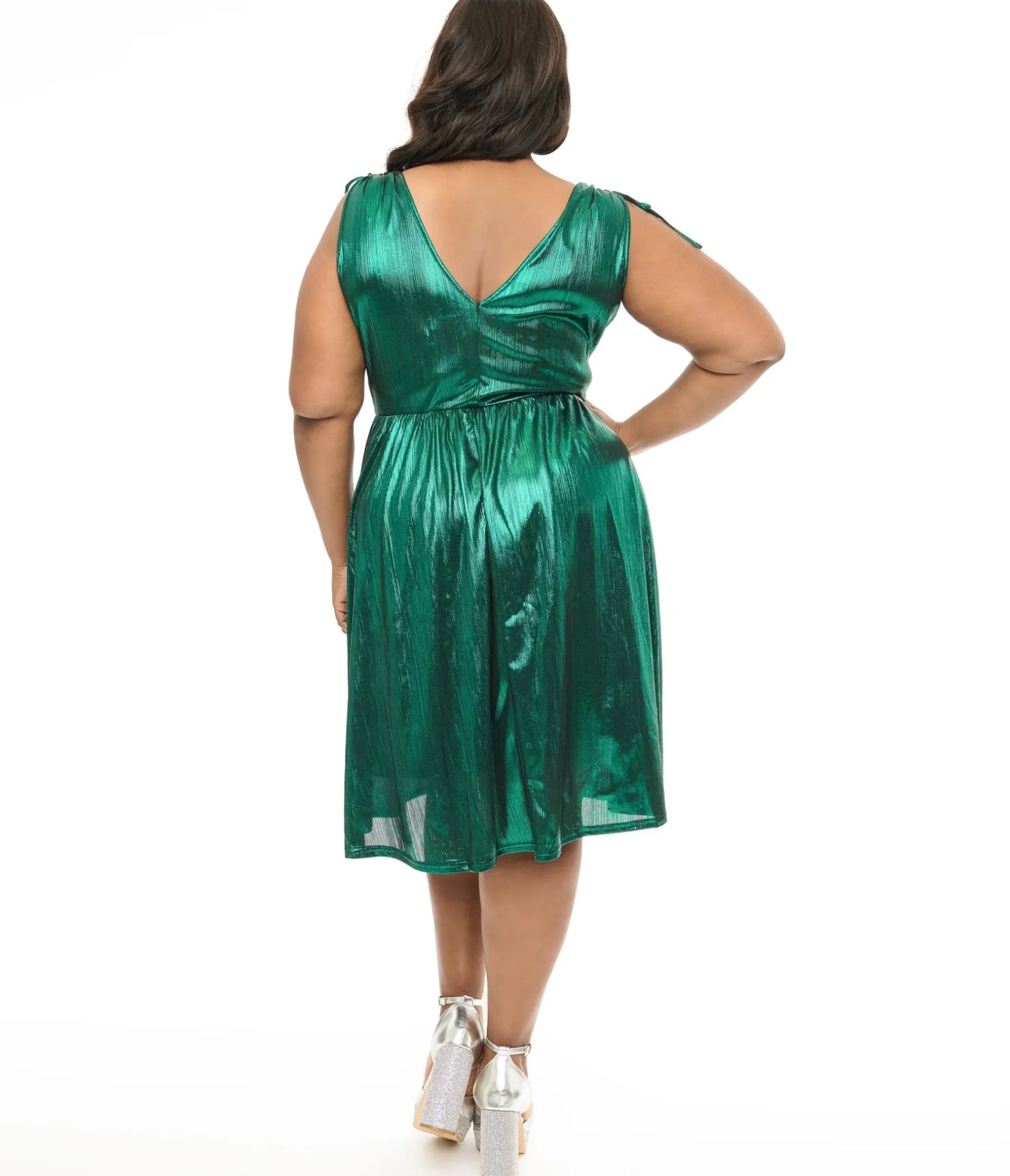 Unique Vintage Hell Bunny Plus Size 1970s Green Metallic Gigi Midi Dress Clearance