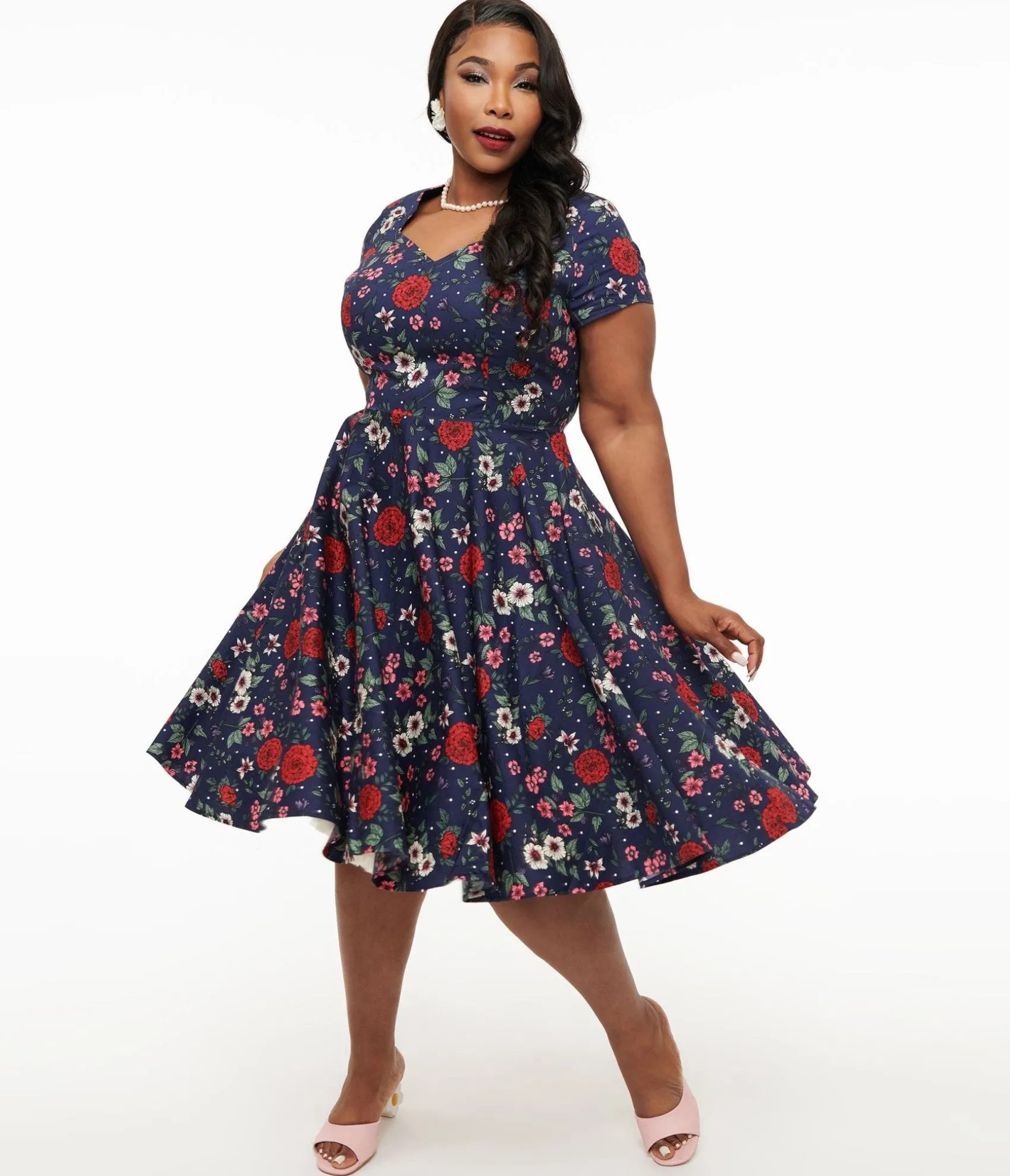 Unique Vintage Hell Bunny Plus Size 1950s Navy Blue & Red Floral Camellia Midi Dress Flash Sale