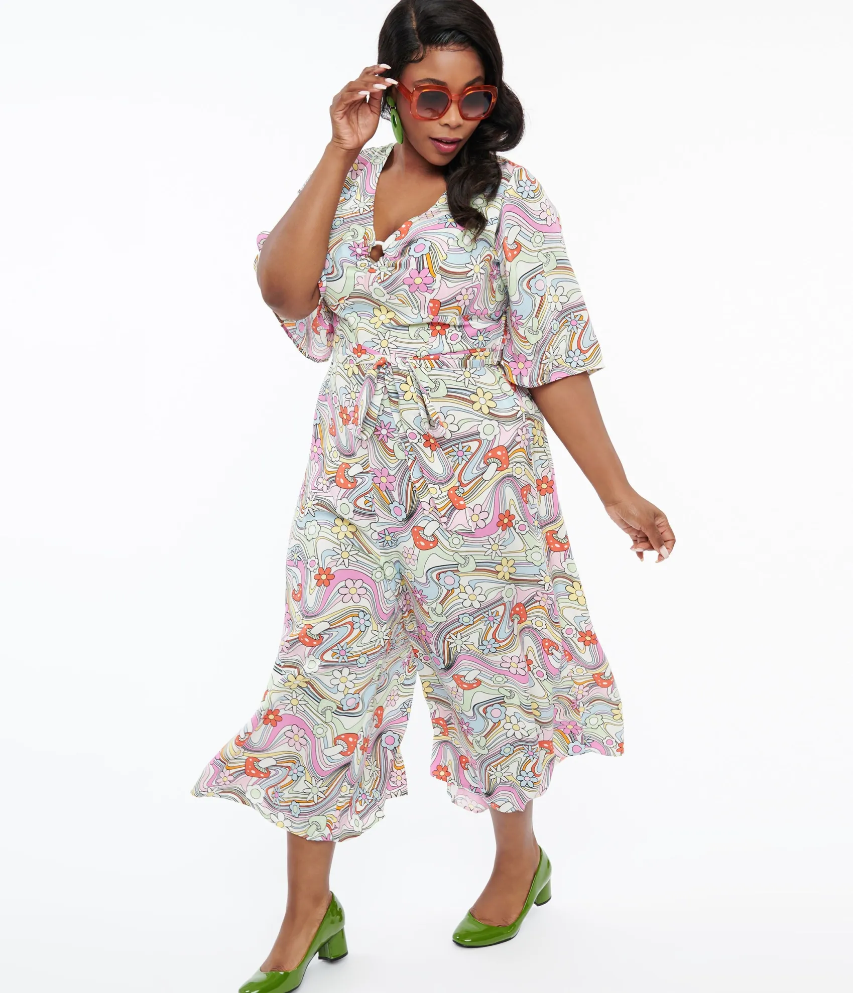 Unique Vintage Hell Bunny Plus Size 1960s Pastel Rainbow Hazy Daze Floral Jumpsuit Clearance