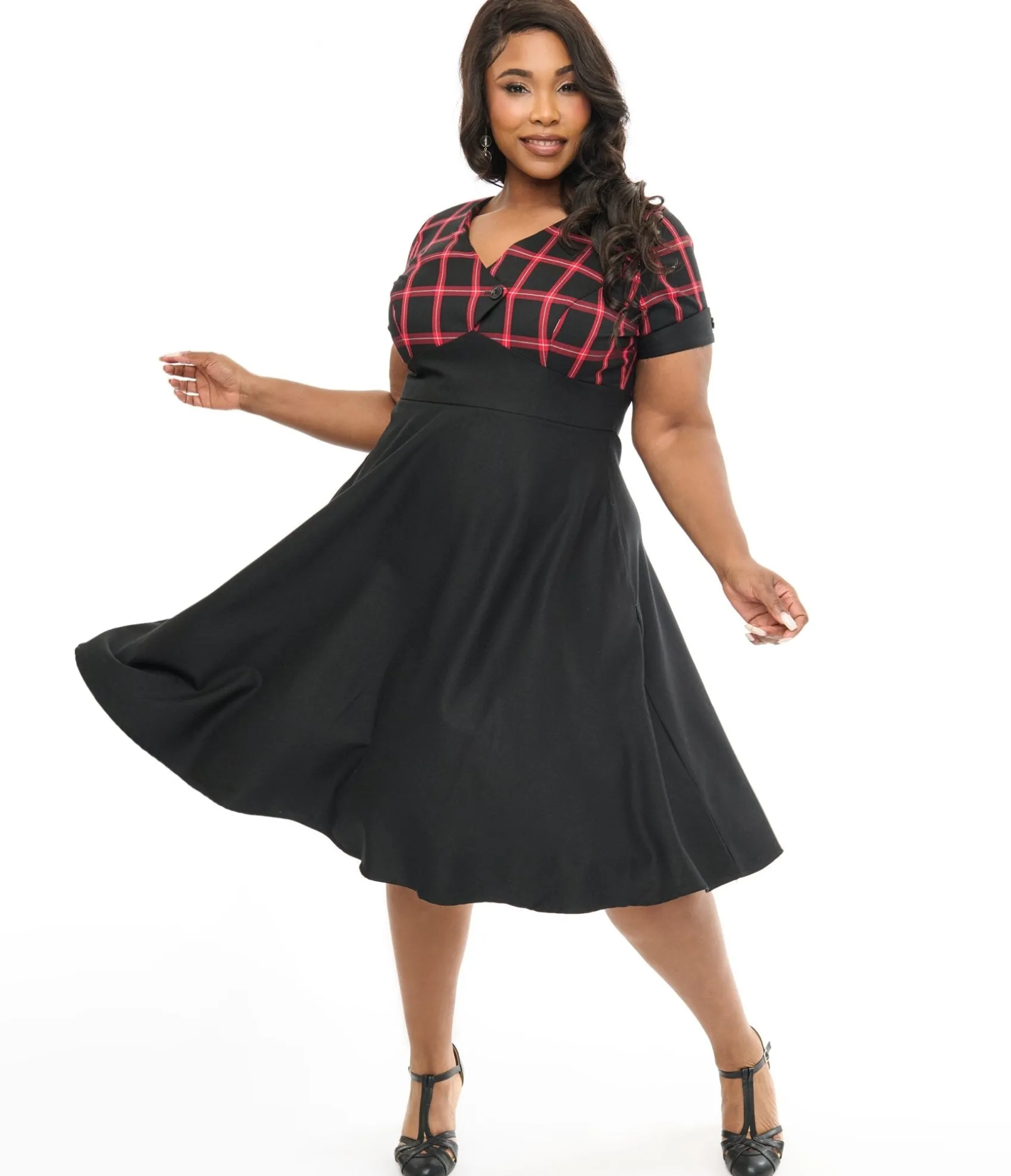 Unique Vintage Hell Bunny Plus Size 1950s Red & Black Tartan Janine Swing Dress Clearance