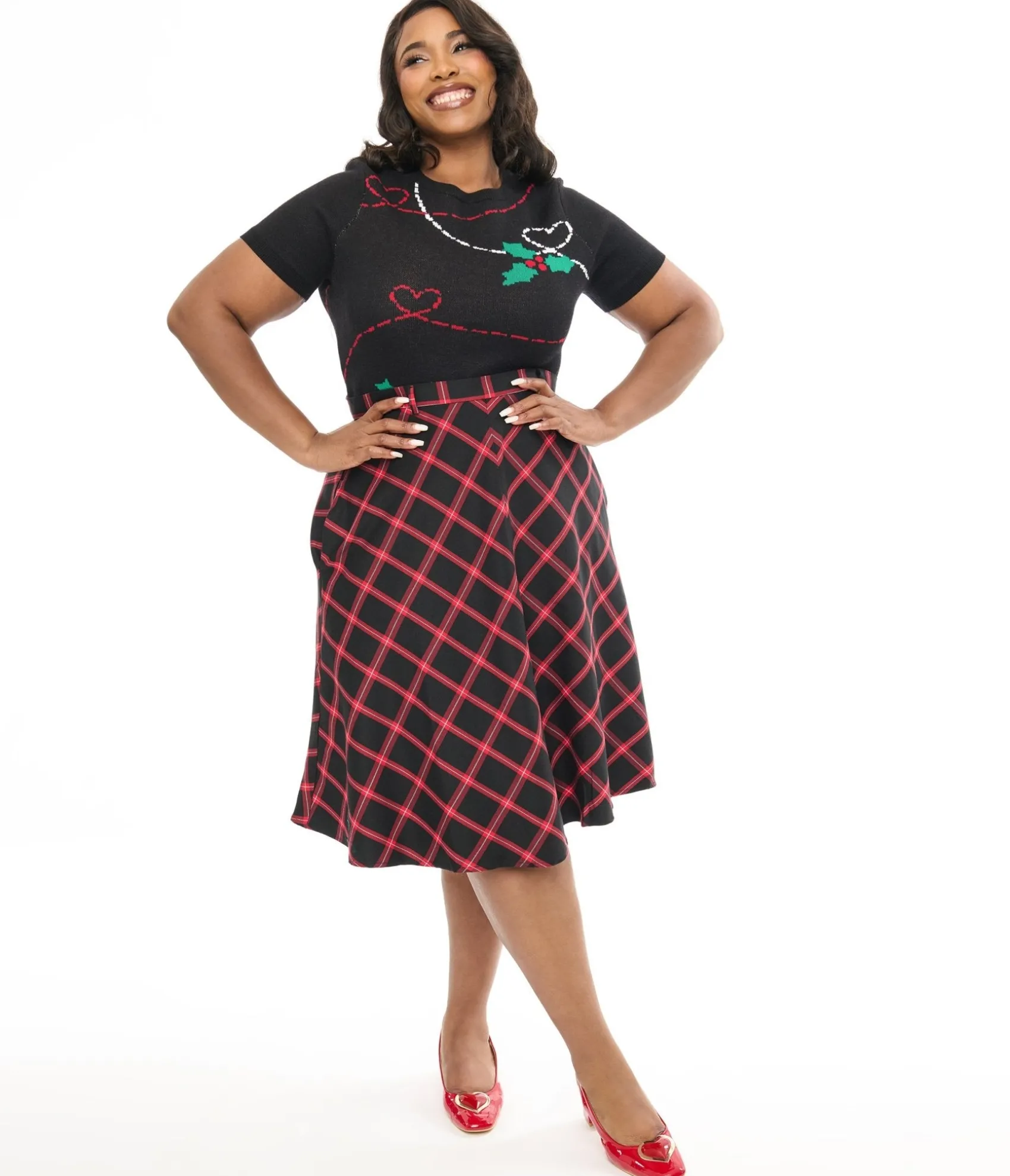 Unique Vintage Hell Bunny Plus Size 1950s Red & Black Tartan Janine Swing Skirt Discount