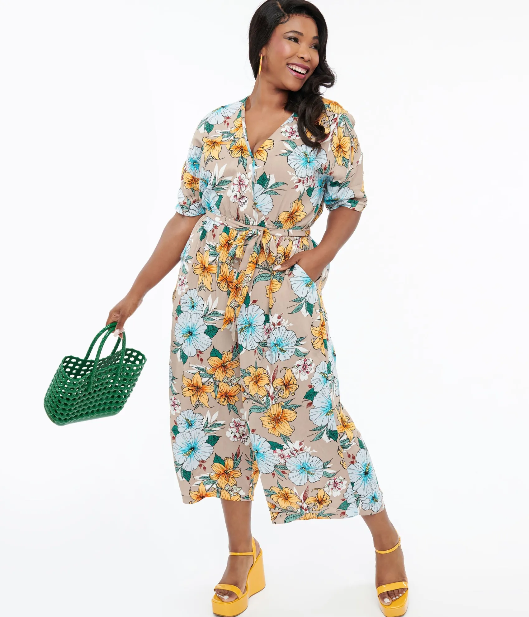 Unique Vintage Hell Bunny Plus Size 1970s Tan & Tropical Floral Print Jumpsuit Discount