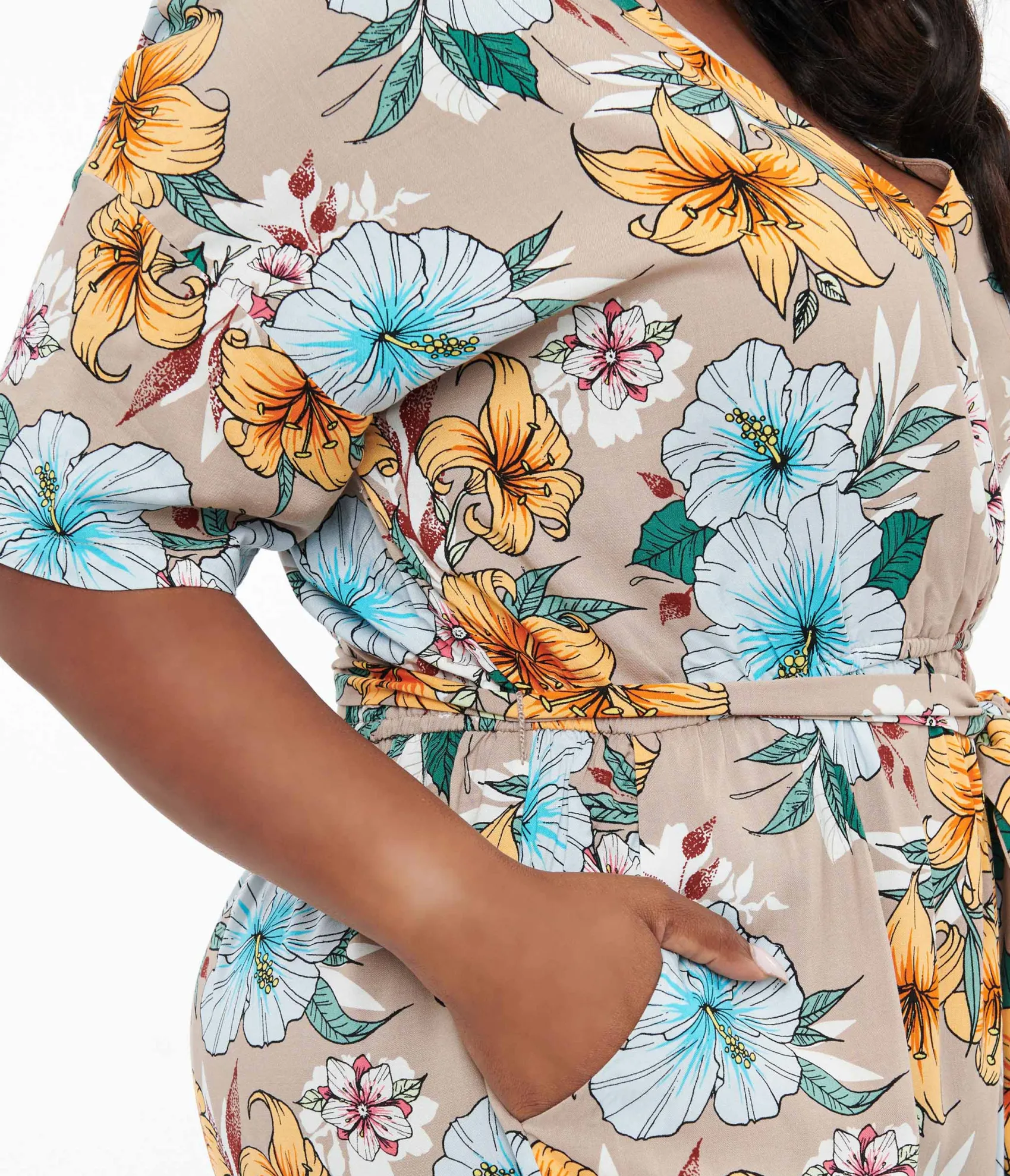 Unique Vintage Hell Bunny Plus Size 1970s Tan & Tropical Floral Print Jumpsuit Discount
