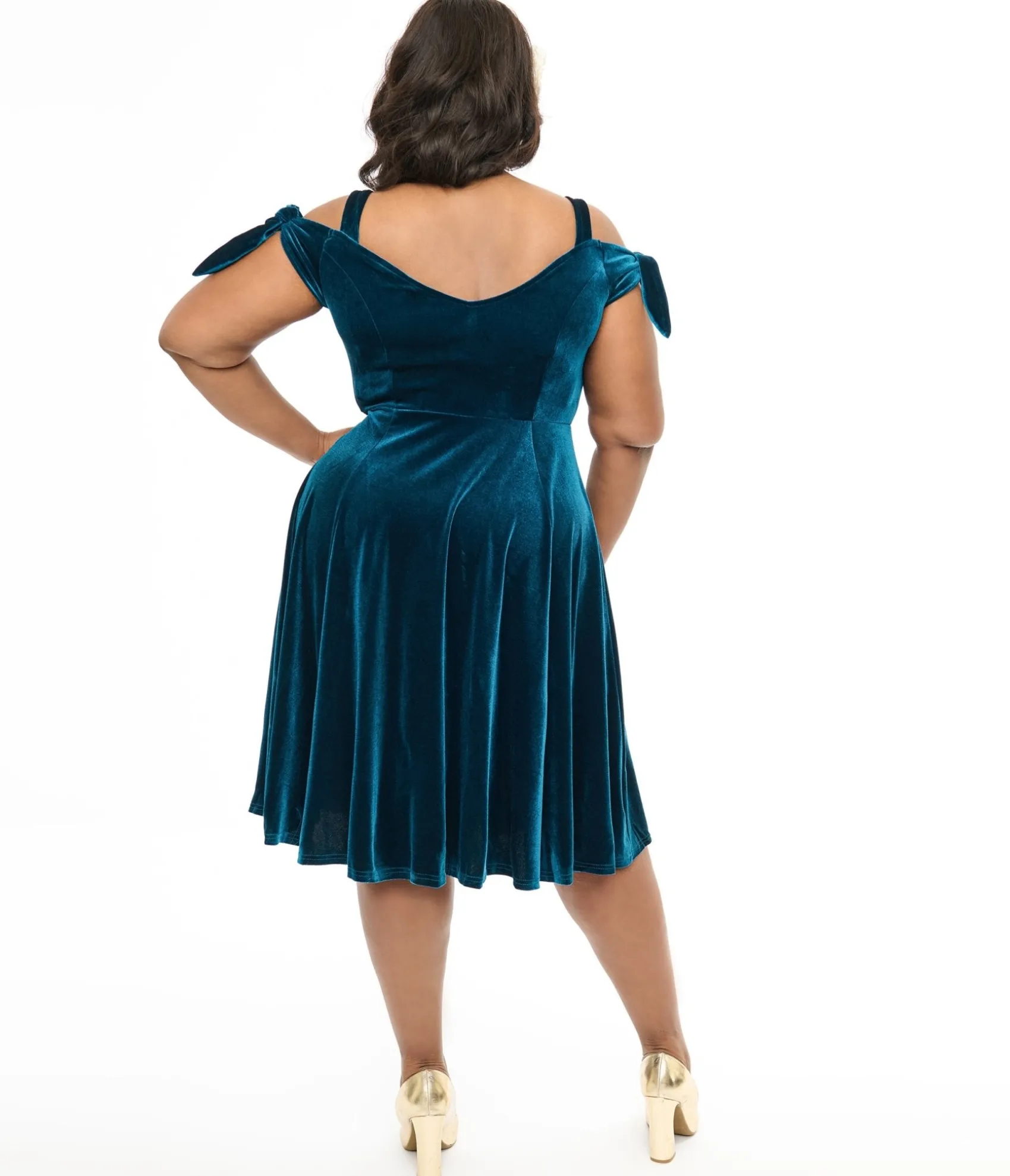 Unique Vintage Hell Bunny Plus Size Teal Velvet Off The Shoulder Midi Dress Best Sale