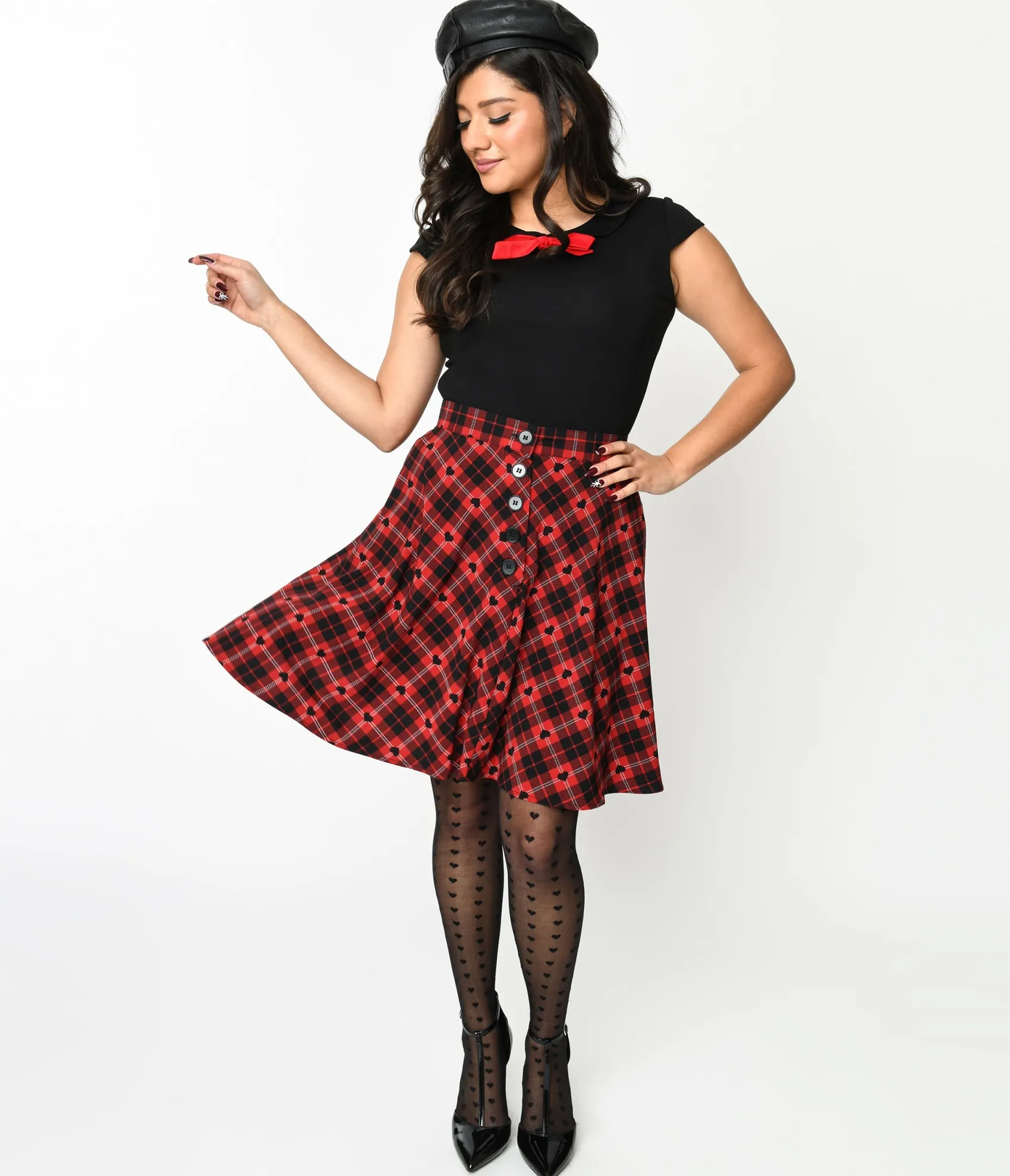 Unique Vintage Hell Bunny Red & Black Heart Plaid Date Night Skirt New