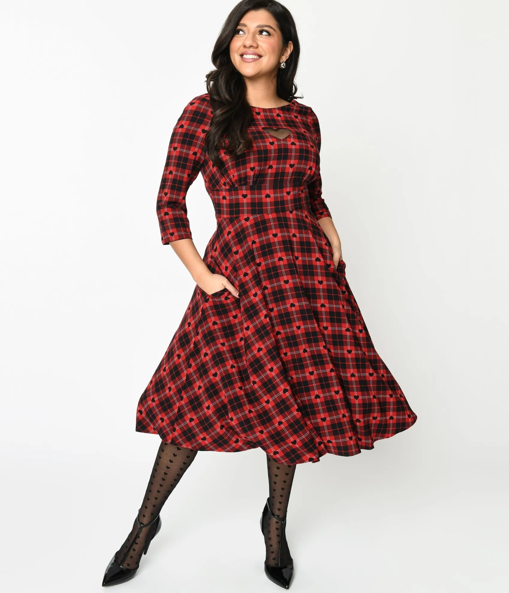 Unique Vintage Hell Bunny Red & Black Heart Plaid Date Night Swing Dress Store