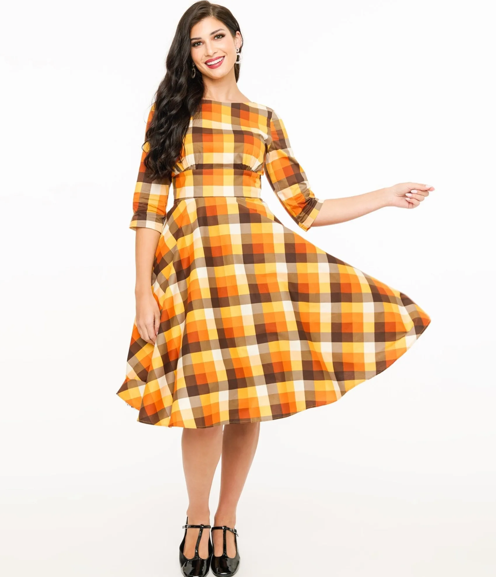 Unique Vintage Hell Bunny 1950s Autumn Check Cotton Darlene Swing Dress Clearance