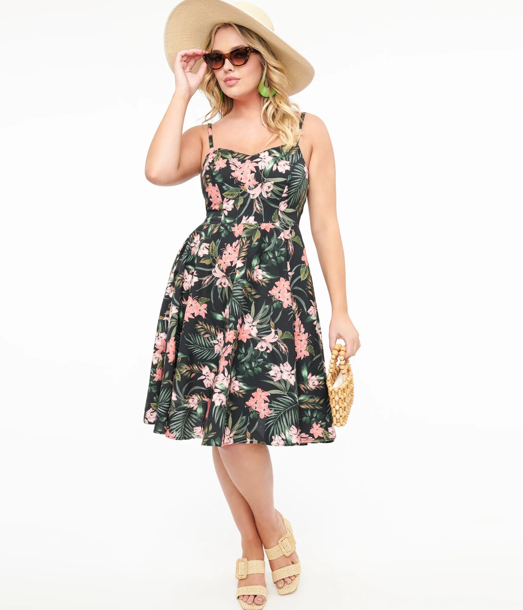 Unique Vintage Hell Bunny 1950s Black & Pink Tropical Floral Print Cotton Calypso Swing Dress Shop