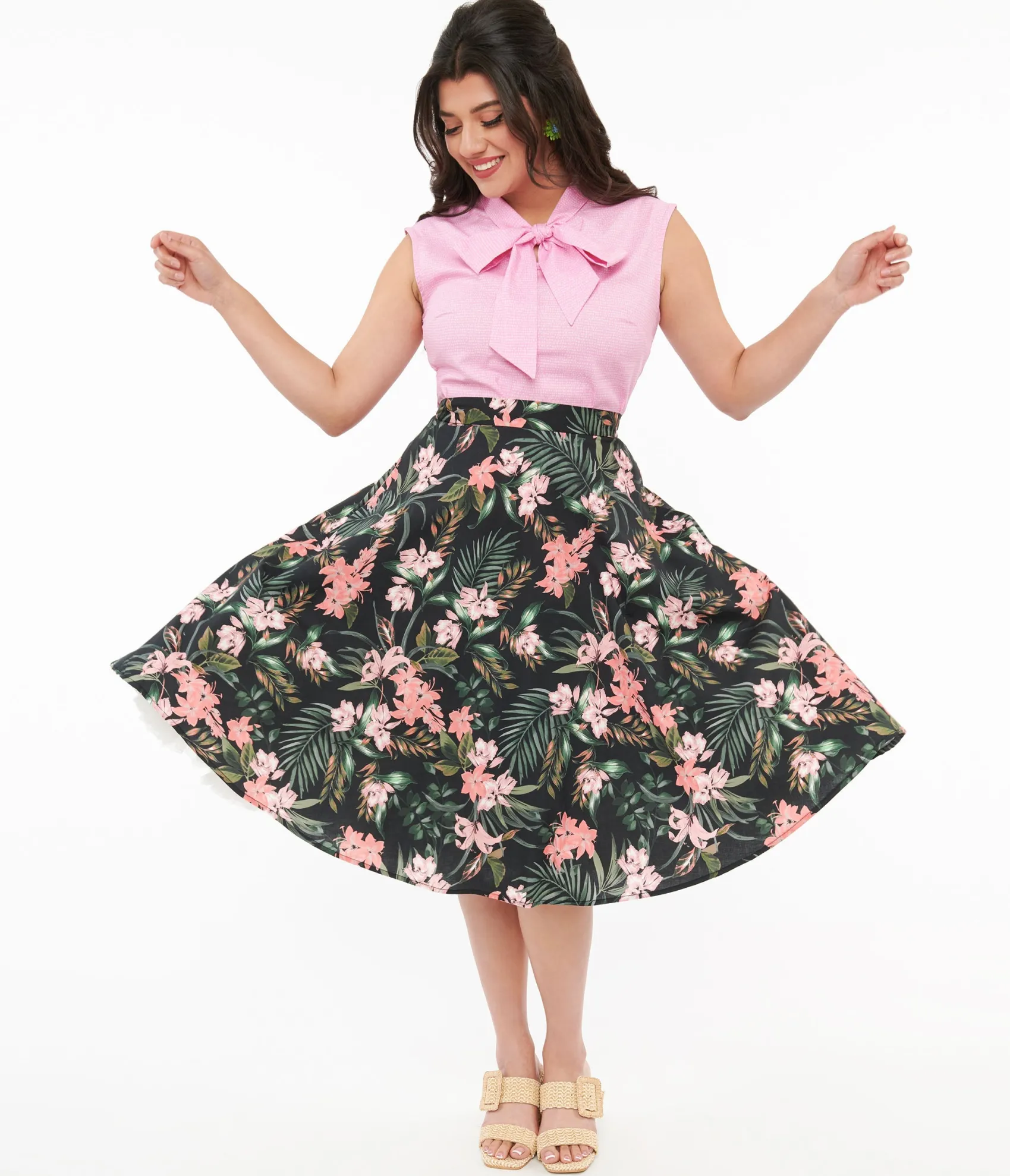 Unique Vintage Hell Bunny 1950s Black & Pink Tropical Floral Print Cotton Calypso Swing Skirt Flash Sale