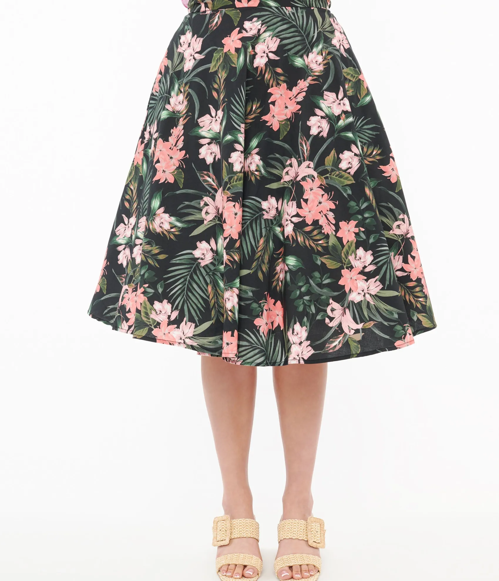 Unique Vintage Hell Bunny 1950s Black & Pink Tropical Floral Print Cotton Calypso Swing Skirt Flash Sale