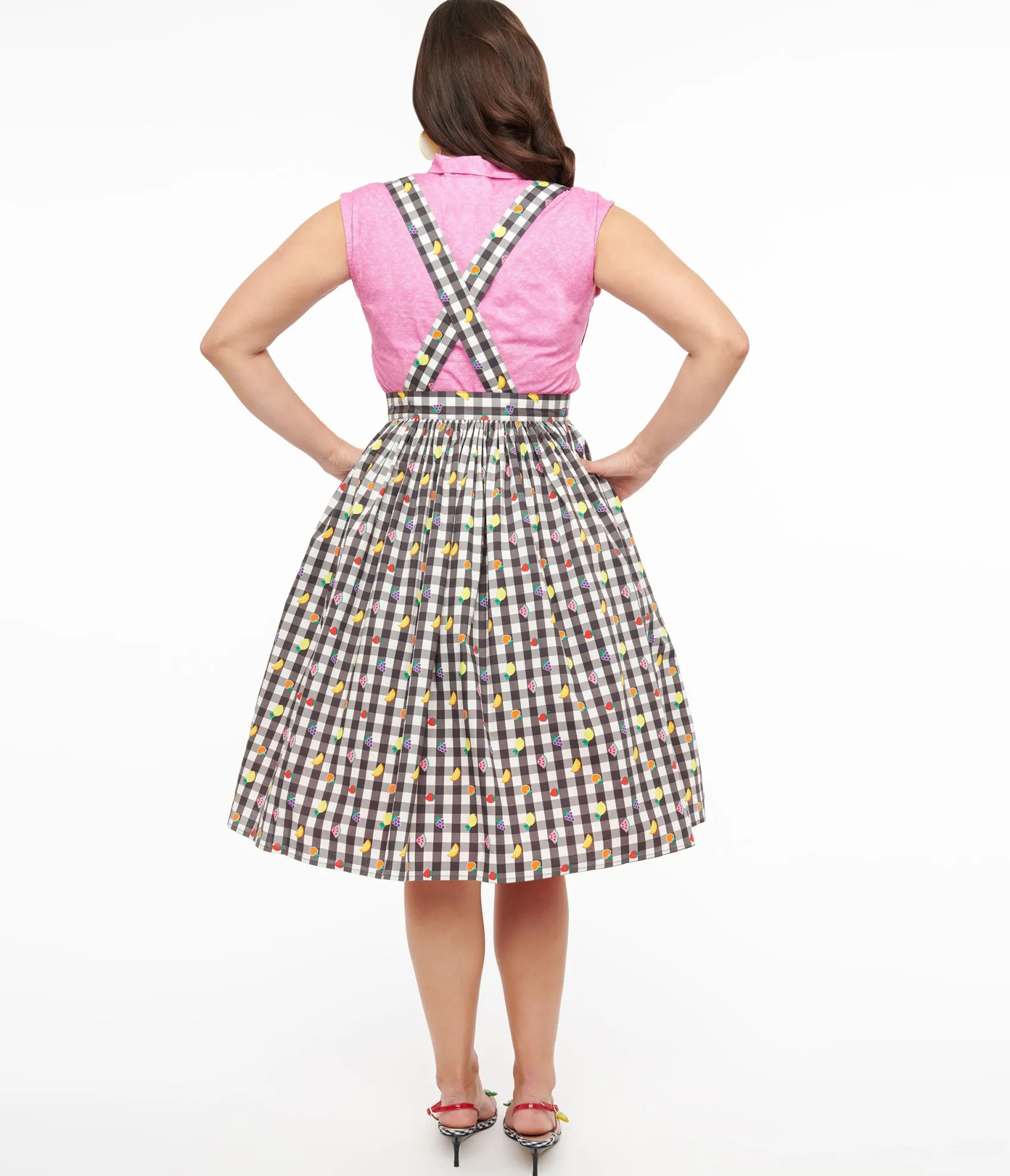 Unique Vintage Hell Bunny 1950s Black & White Gingham & Fruit Cotton Pinafore Swing Skirt Cheap