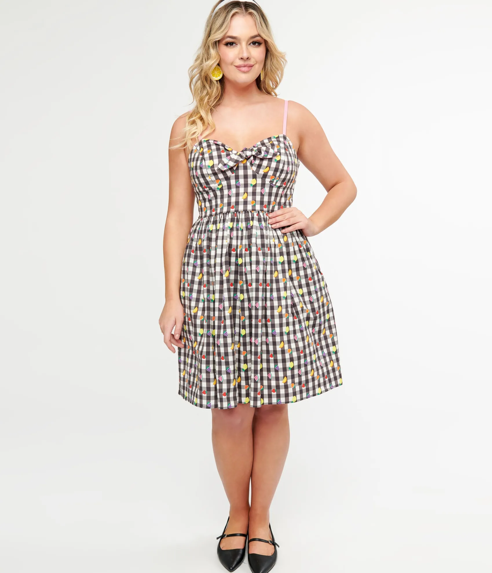 Unique Vintage Hell Bunny 1950s Black & White Gingham & Fruit Cotton Swing Dress Cheap