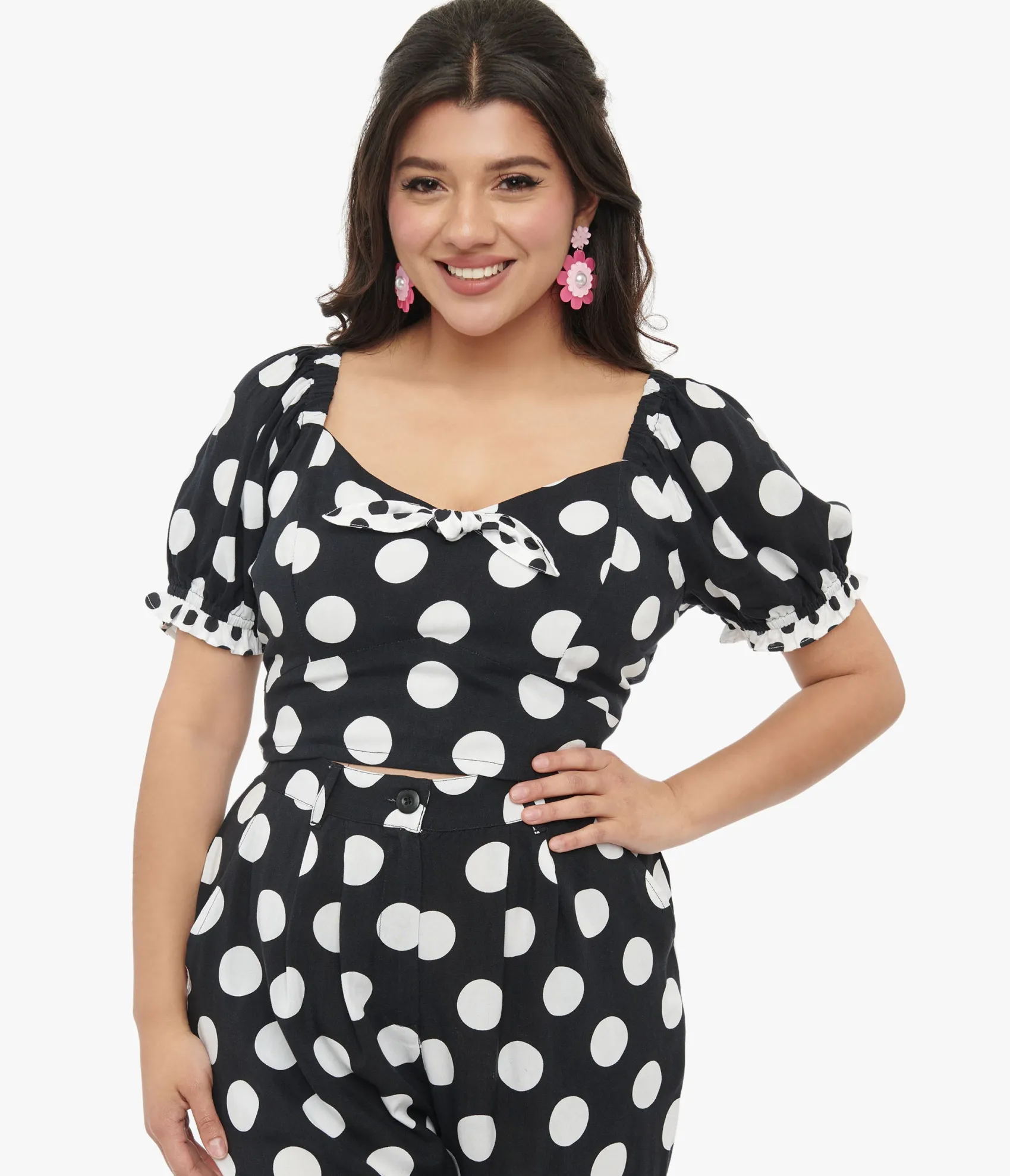 Unique Vintage Hell Bunny 1960s Black & White Polka Dot Dolores Crop Top Clearance