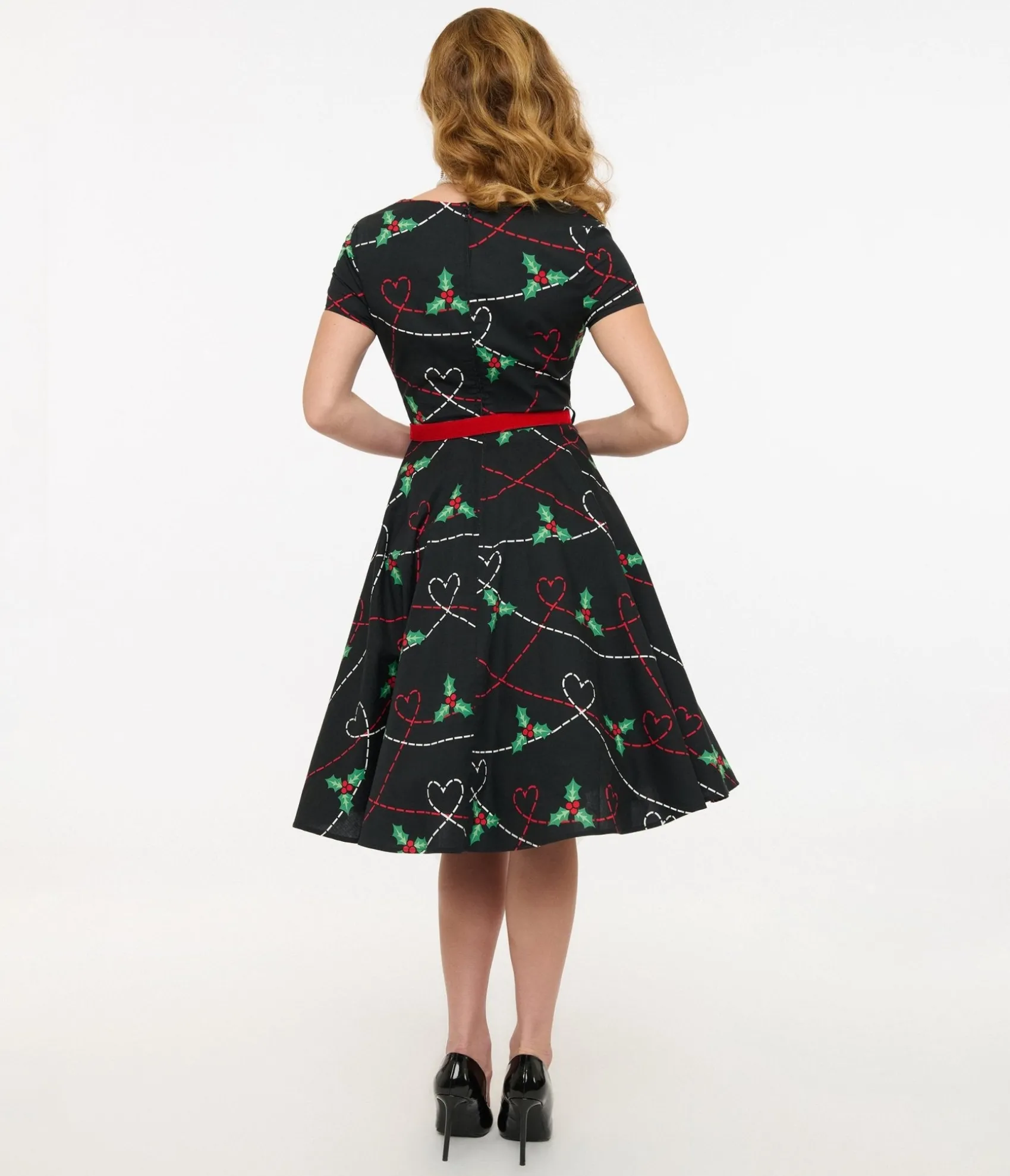 Unique Vintage Hell Bunny 1950s Festive Hearts & Holly Print Angelica Swing Dress Sale