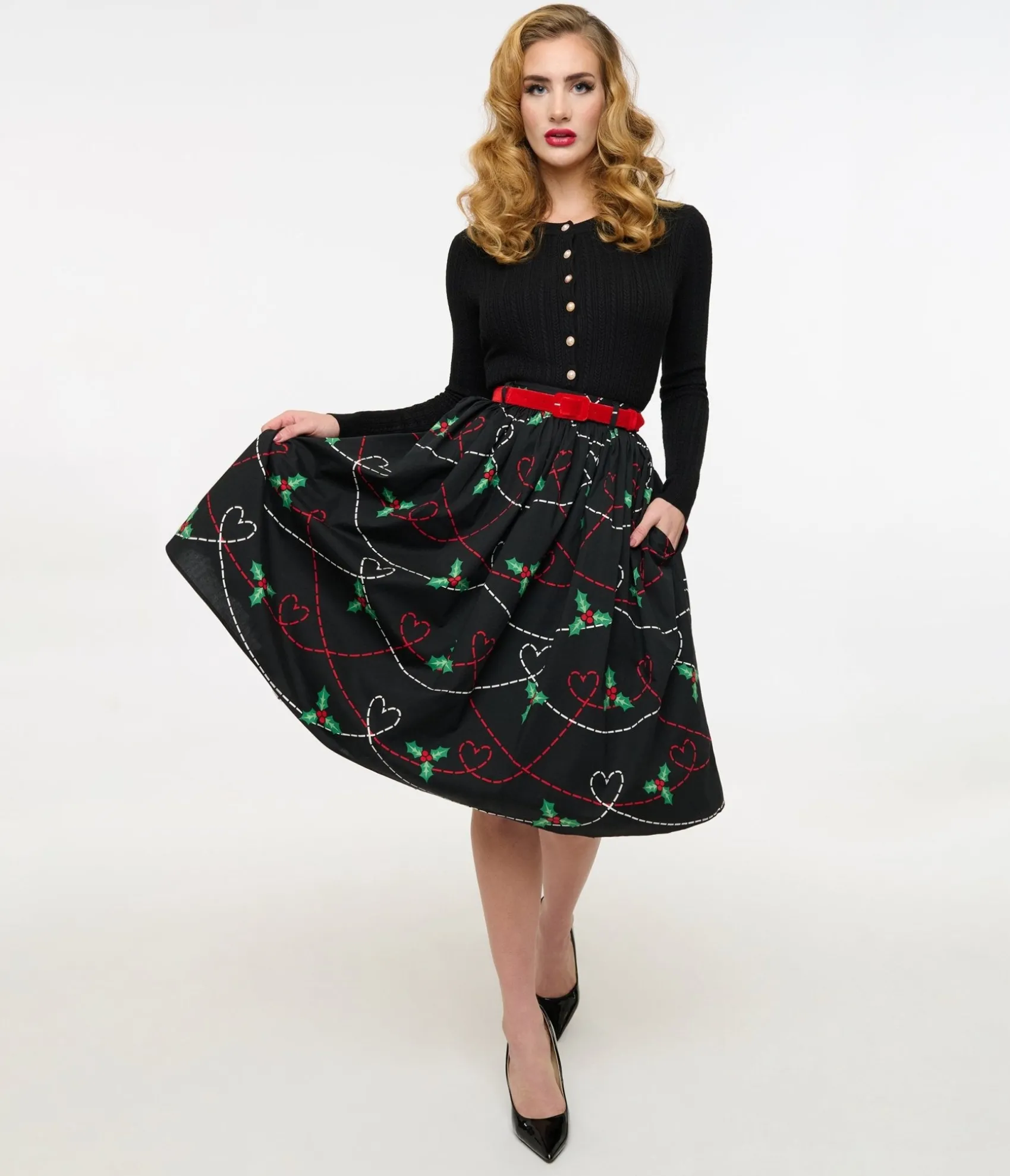 Unique Vintage Hell Bunny 1950s Festive Hearts & Holly Print Angelica Swing Skirt Fashion